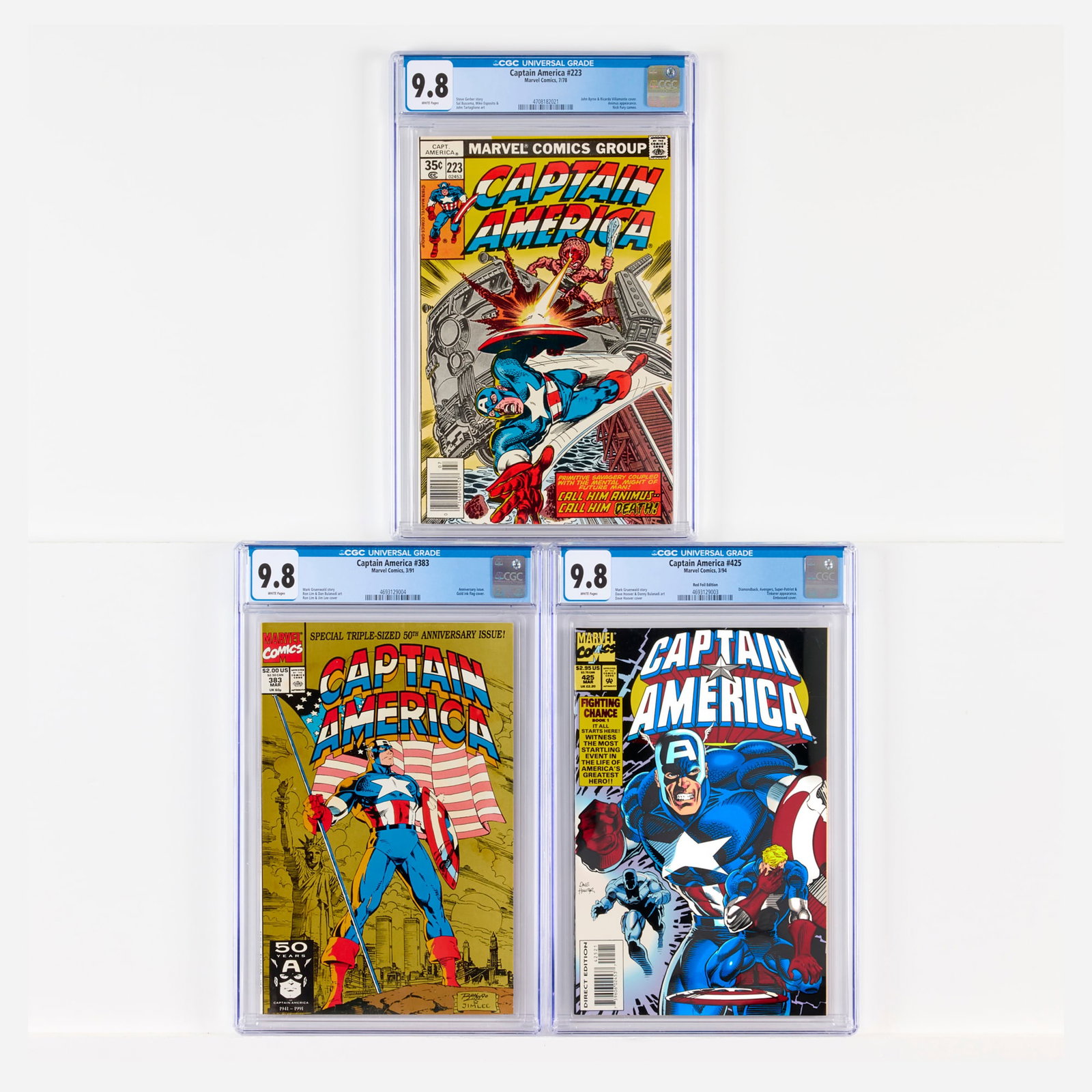 3 Marvel Comics Captain America #223-#425 CGC 9.8 Group: 3 Marvel Comics Captain America #223-#425 CGC 9.8 Group USA, 1978-1994 Marvel Comics Captain America #223 CGC 9.8 (7/78) CGC#: 4708182021 Population: 39 in 9.8, 0 h