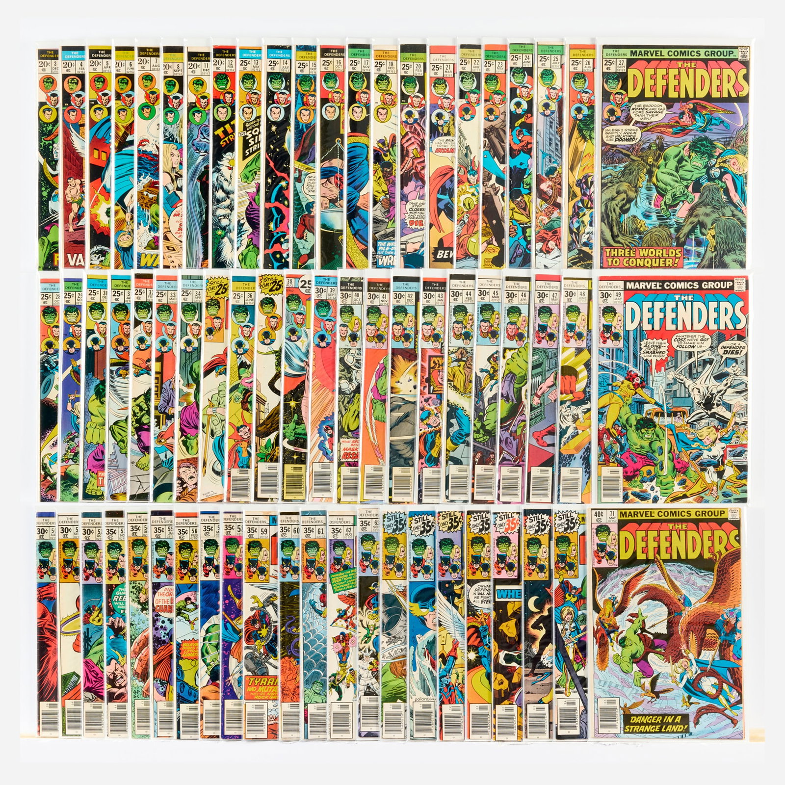 132 Marvel Comics Defenders #3-#152 Group: 132 Marvel Comics Defenders #3-#152 Group USA, 20th Century Group includes: Marvel Comics Defenders #3-#8, #11-#18 (Grades range 3.0-5.0), #20-#45 (Grades range 4.0-6.0), #46 (2.0-3.0 banana w