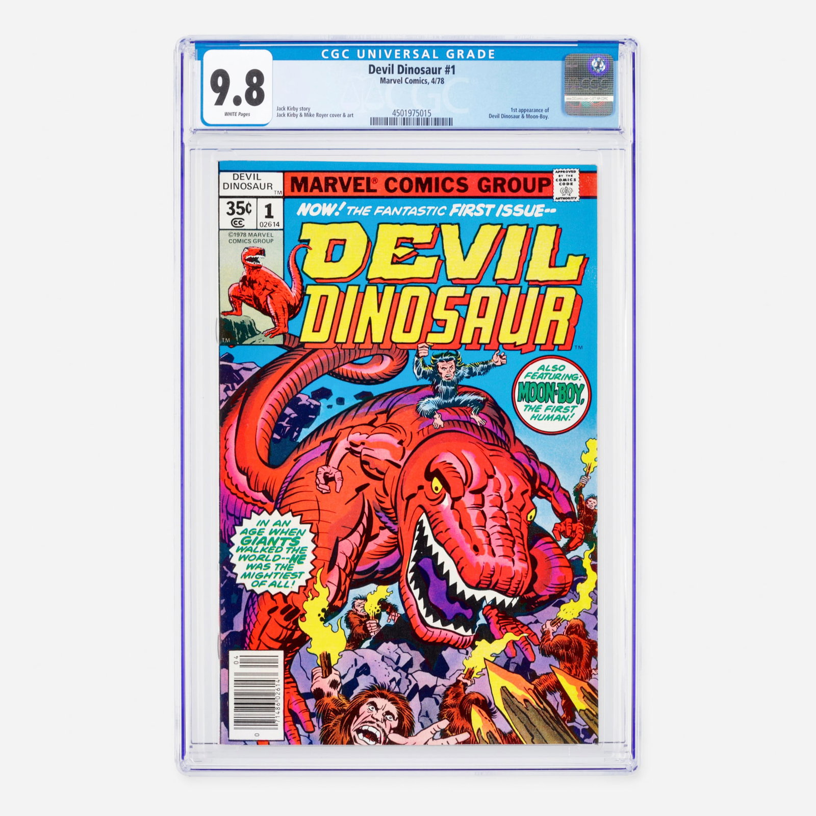 Marvel Comics Devil Dinosaur #1 CGC 9.8: Marvel Comics Devil Dinosaur #1 CGC 9.8 USA, 1978 This Bronze Age premiere features the first appearance of Devil Dinosaur and Moon-Boy. The entire issue is a showcase for legend Jack Kirby, who handl