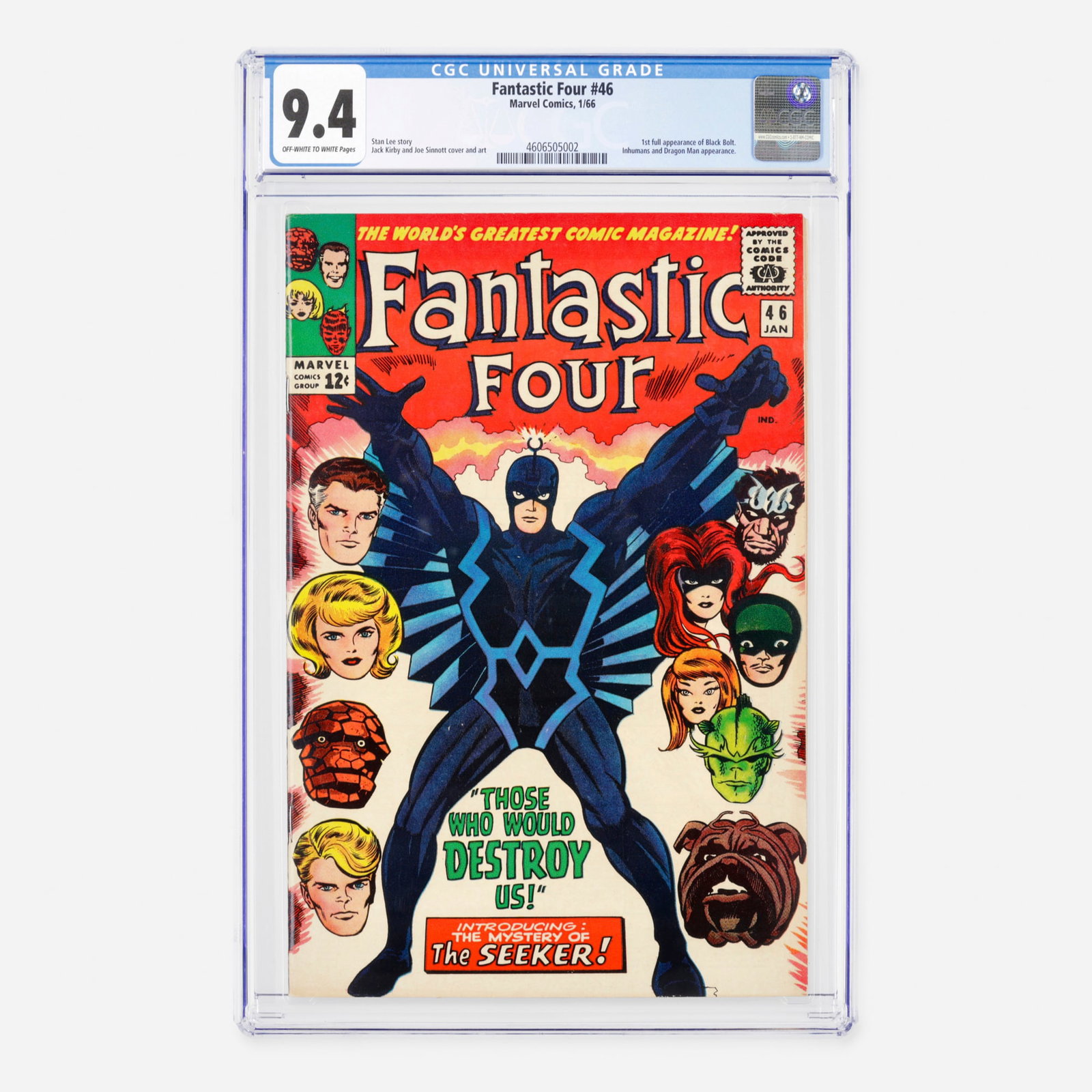 Marvel Comics Fantastic Four #46 CGC 9.4: Marvel Comics Fantastic Four #46 CGC 9.4 USA, 1966 This key Silver Age issue features the first full appearance of Black Bolt, the enigmatic and ultra-powerful leader of the Inhumans. Continuing the I