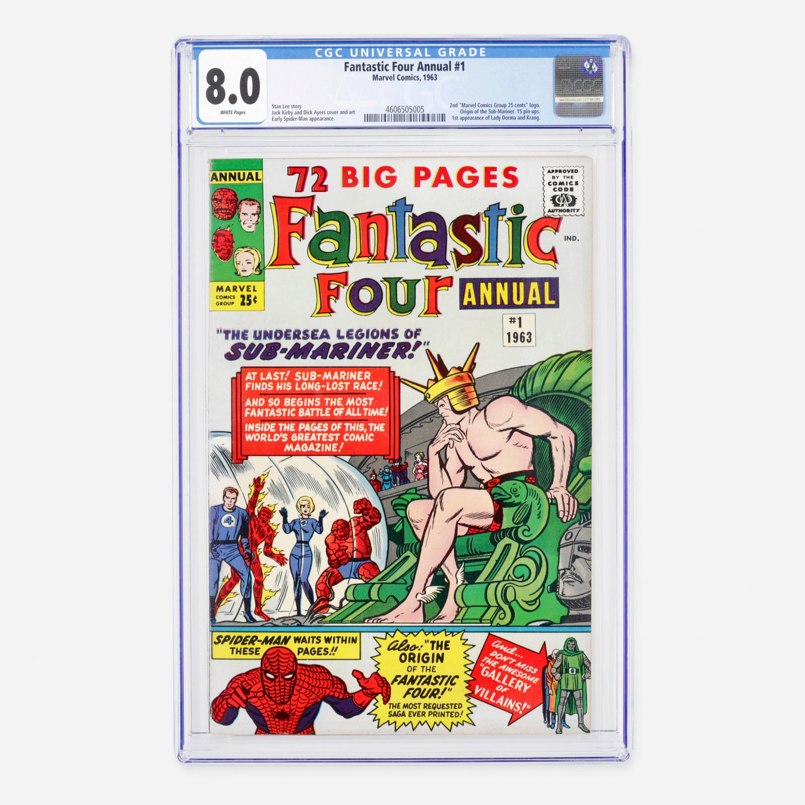 Marvel Comics Fantastic Four Annual #1 CGC 8.0: Marvel Comics Fantastic Four Annual #1 CGC 8.0 USA, 1963 A cornerstone of early Marvel storytelling, this oversized annual features the first appearance of Lady Dorma and Krang, as well as a detailed 