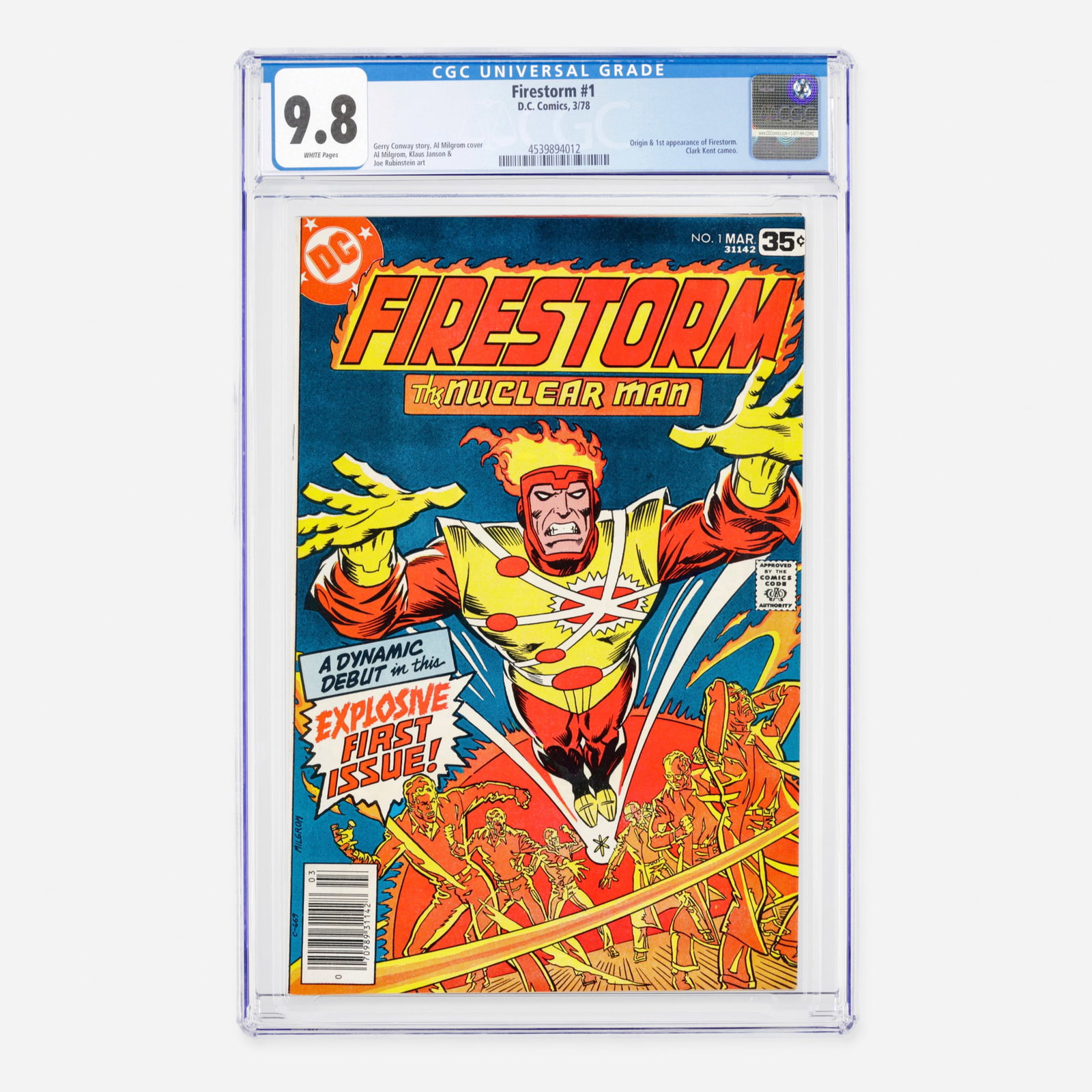 DC Comics Firestorm #1 CGC 9.8: DC Comics Firestorm #1 CGC 9.8 USA, 1978 This Bronze Age debut introduces the origin and first appearance of the Nuclear Man, Firestorm. The story is written by Gerry Conway, with cover art by Al Milg