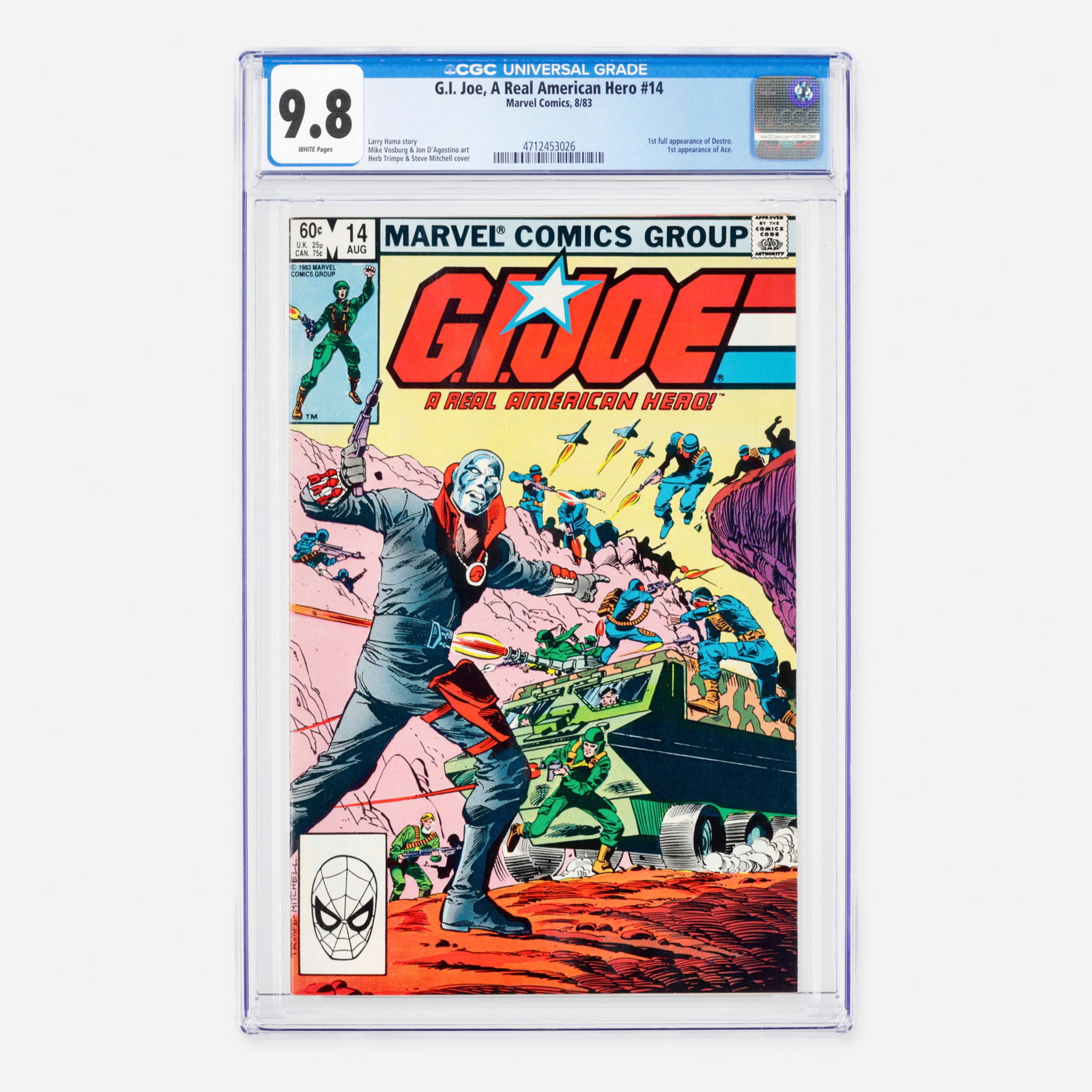 Marvel Comics G.I. Joe, A Real American Hero #14 CGC 9.8: Marvel Comics G.I. Joe, A Real American Hero #14 CGC 9.8 USA, 1983 This classic Bronze Age milestone marks the historic first full appearance of Destro as well as the first appearance of Ace. Legendar