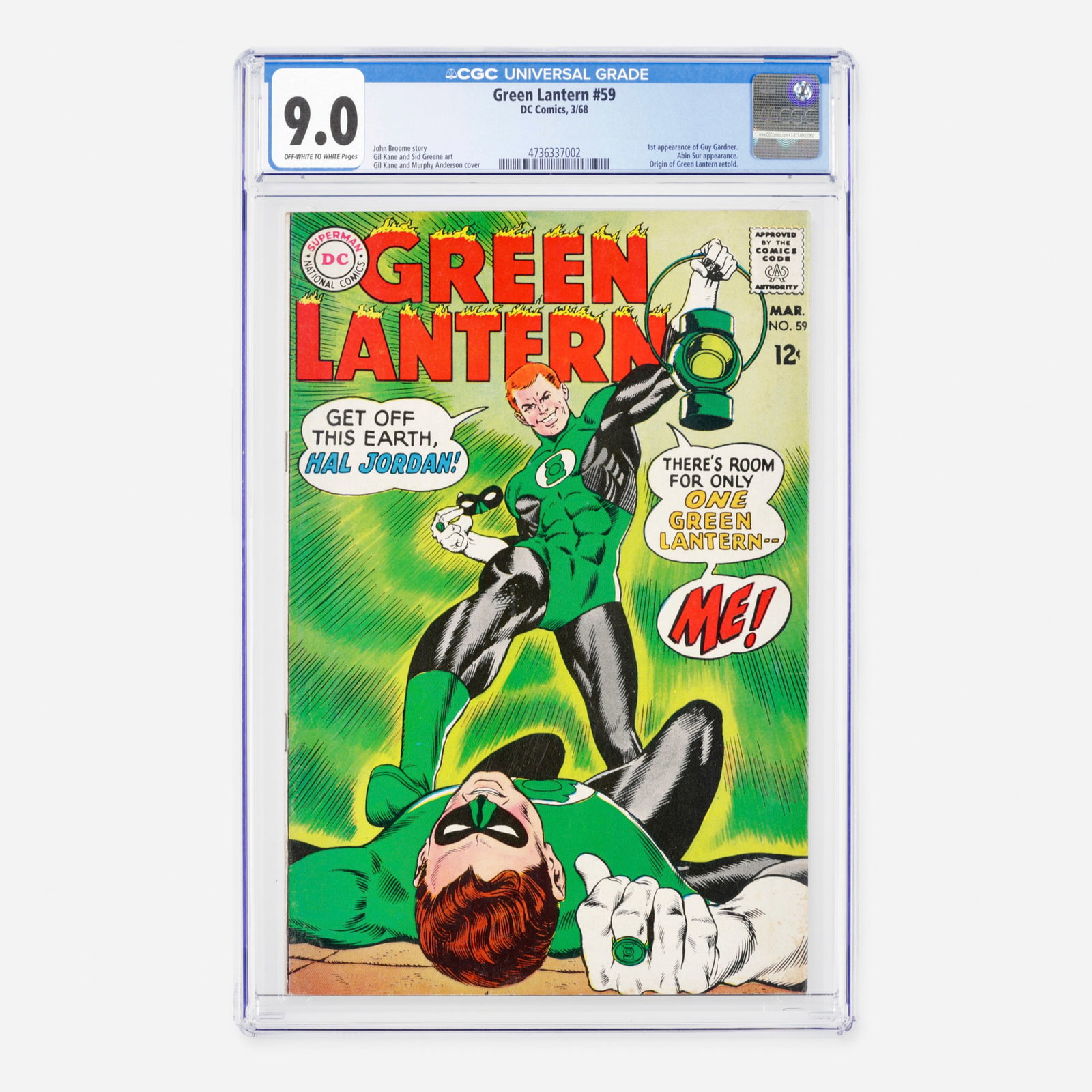 DC Comics Green Lantern #59 CGC 9.0: DC Comics Green Lantern #59 CGC 9.0 USA, 1968 This monumental Silver era key issue details a major milestone in DC mythology with the first appearance of Guy Gardner, who is chosen as an alternative s