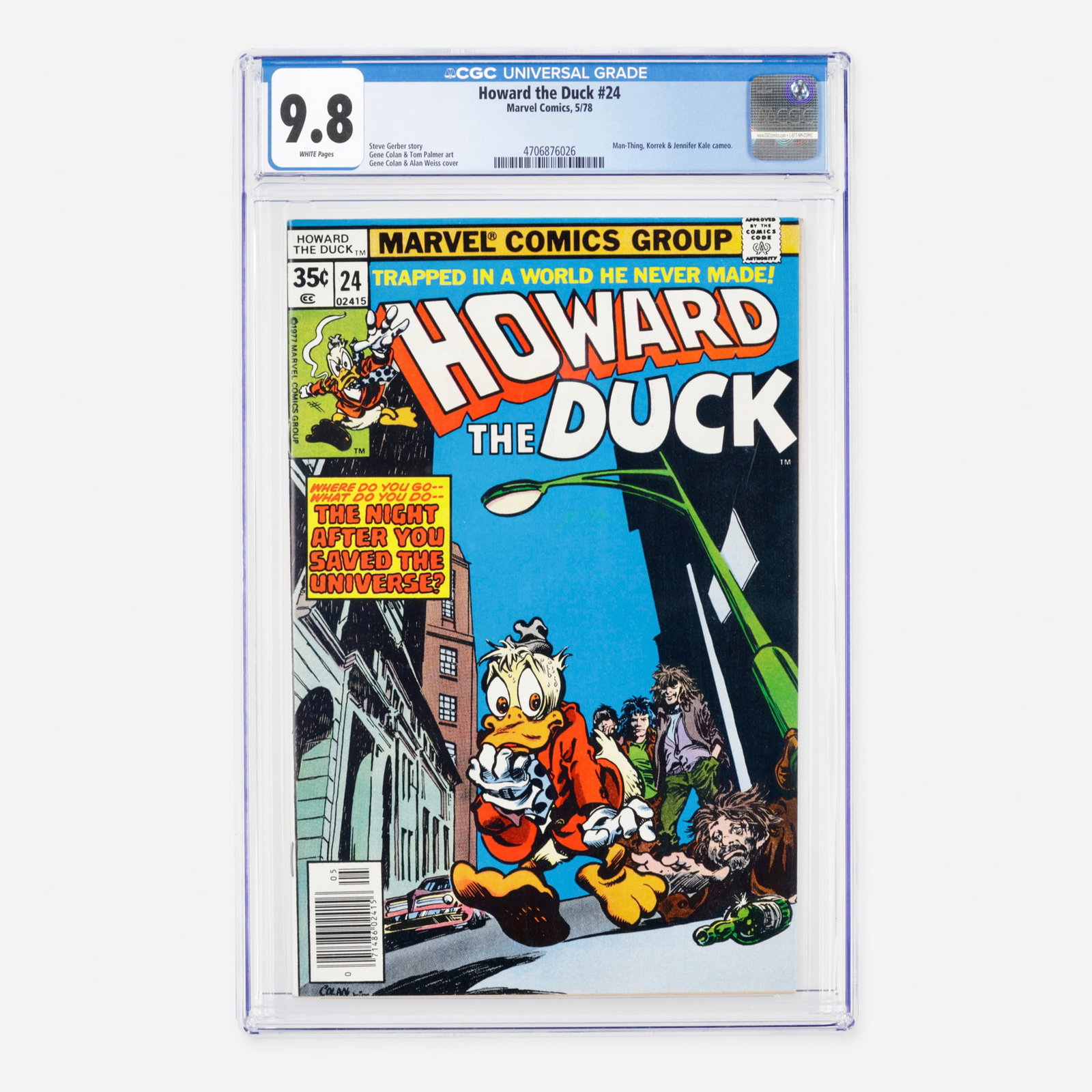 Marvel Comics Howard the Duck #24 CGC 9.8: Marvel Comics Howard the Duck #24 CGC 9.8 USA, 1978 This Bronze Age issue is written by the iconic Steve Gerber and features definitive interior art from Gene Colan and Tom Palmer. The eye-catching co