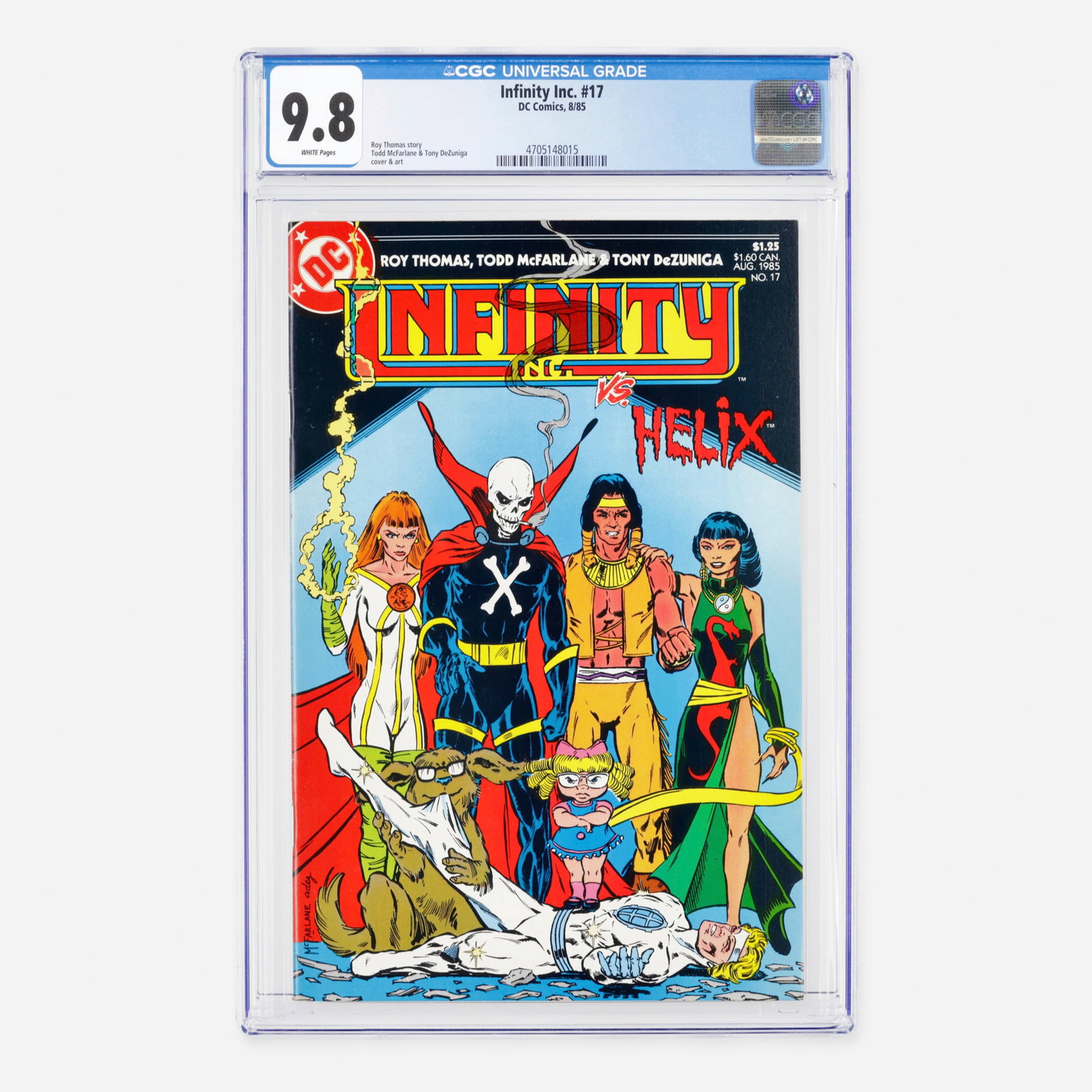 DC Comics Infinity Inc. #17 CGC 9.8: DC Comics Infinity Inc. #17 CGC 9.8 USA, 1985 The narrative of this Bronze Age key is crafted by acclaimed writer Roy Thomas, while the distinctive visual style is delivered by Todd McFarlane and Tony