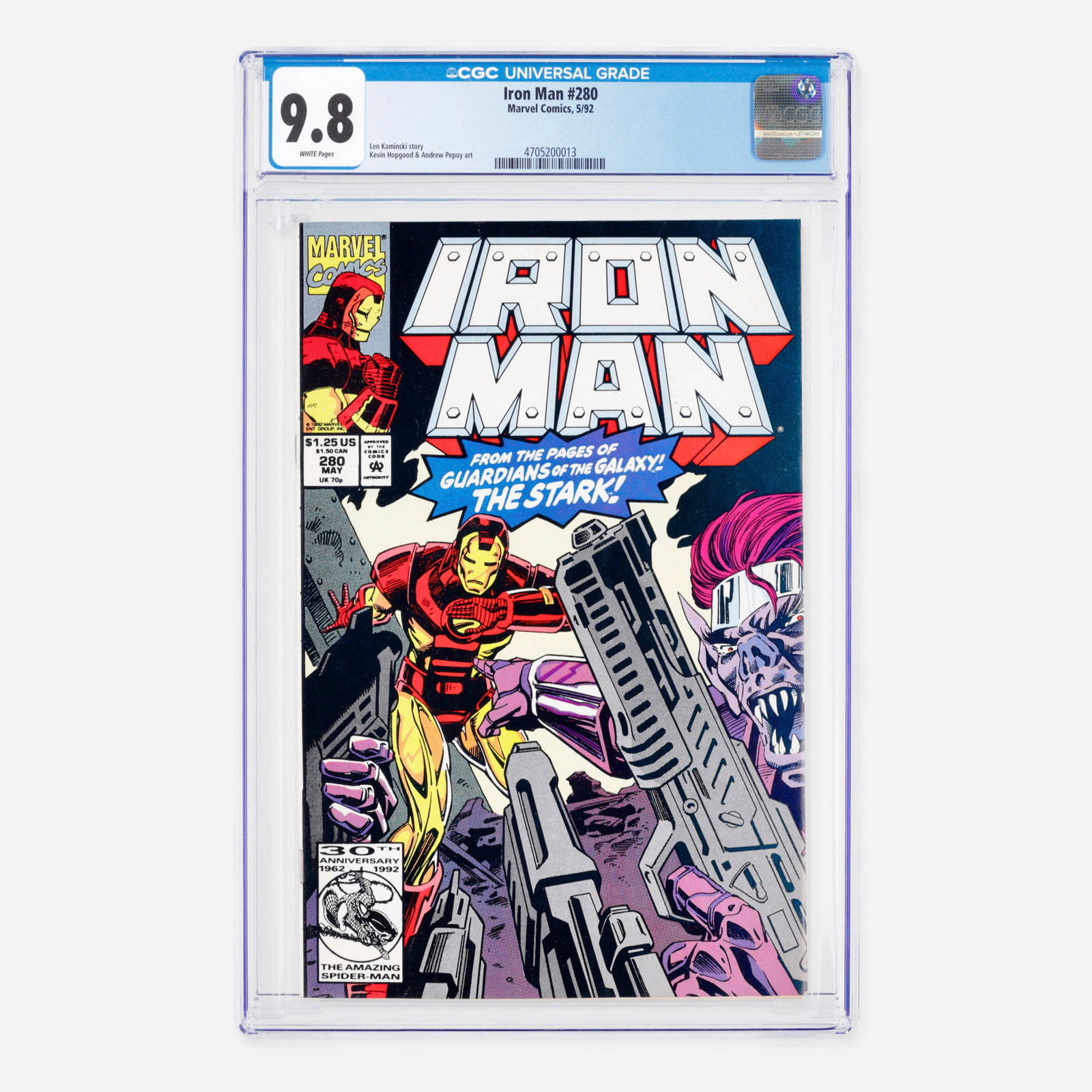 Marvel Comics Iron Man #280 CGC 9.8: Marvel Comics Iron Man #280 CGC 9.8 USA, 1992 This Modern Age issue of Iron Man features a story written by Len Kaminski. The artwork is provided by Kevin Hopgood and Andrew Pepoy. Top Population! CGC