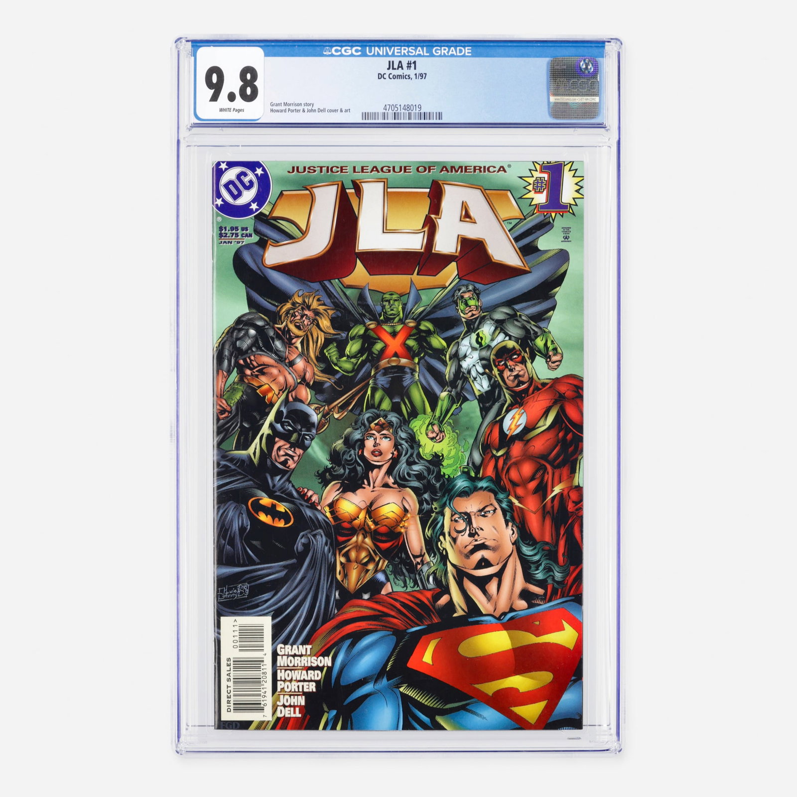 DC Comics JLA #1 CGC 9.8: DC Comics JLA #1 CGC 9.8 USA, 1997 This Modern Age debut issue of JLA is written by the renowned Grant Morrison. The dynamic imagery is brought to life through the cover and interior art of Howard Por