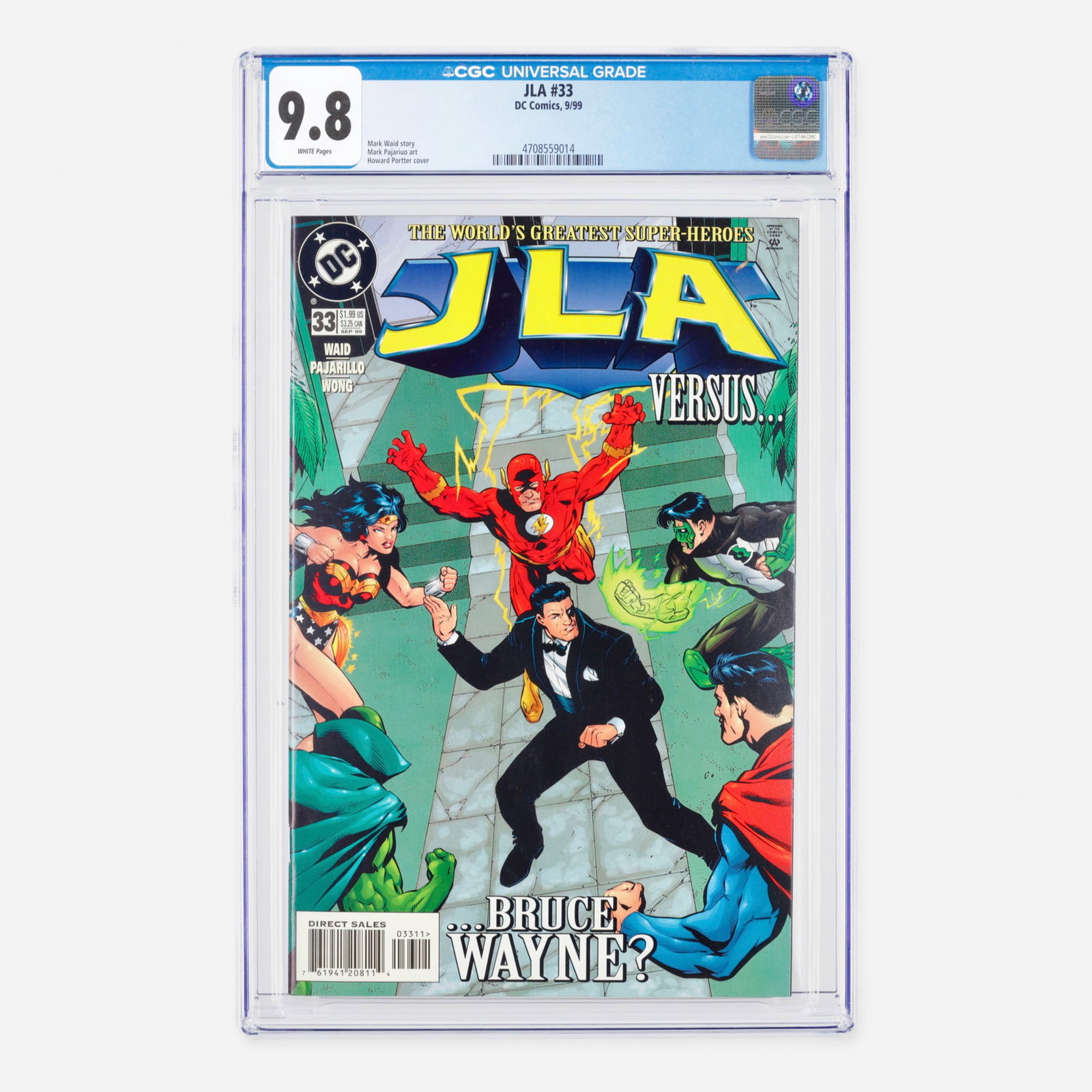 DC Comics JLA #33 CGC 9.8: DC Comics JLA #33 CGC 9.8 USA, 1999 Written by Mark Waid, this Modern Age issue features detailed interior art from the collaboration of Mark Pajarillo and Walden Wong. The striking cover is brought t