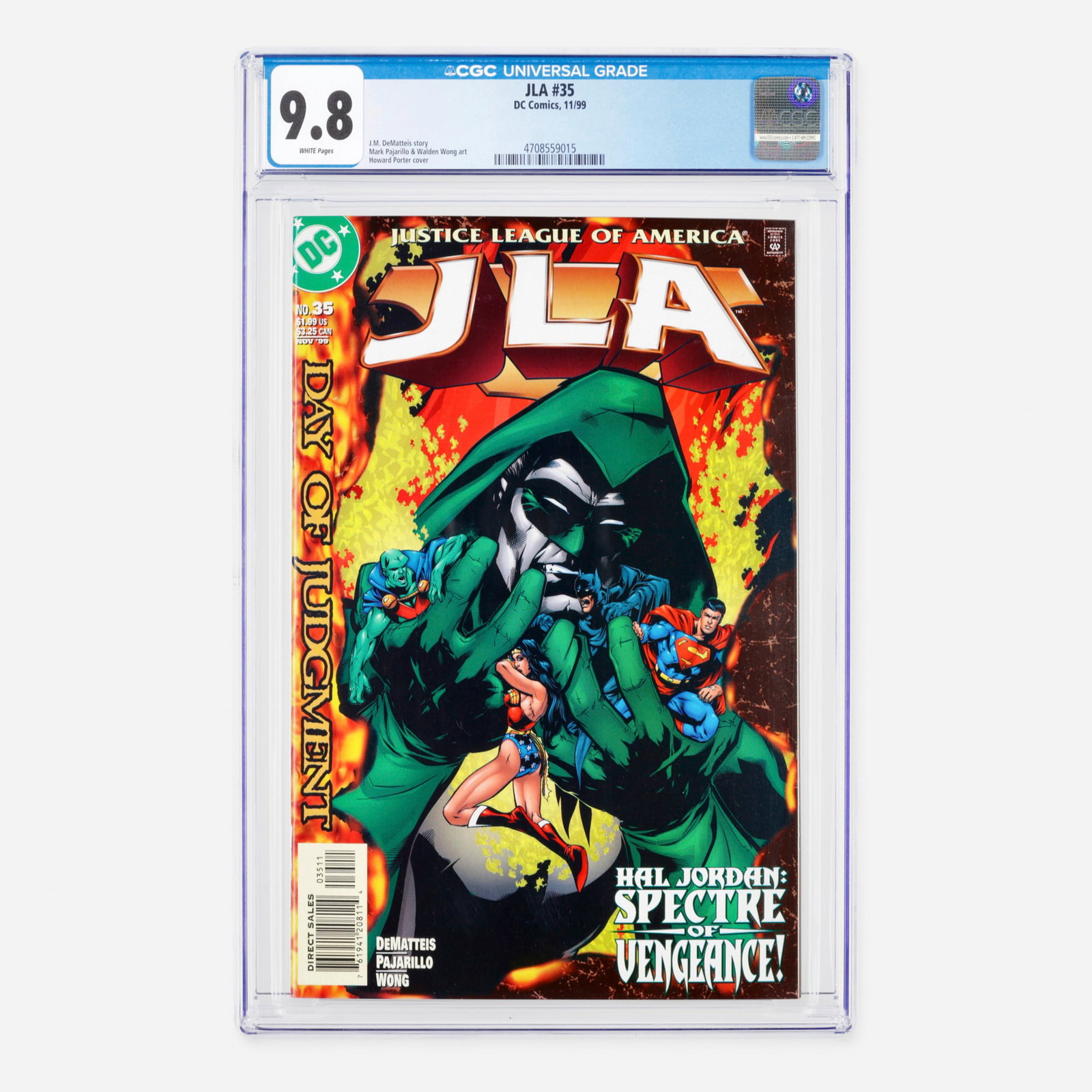 DC Comics JLA #35 CGC 9.8: DC Comics JLA #35 CGC 9.8 USA, 1999 This Modern Age issue is scripted by J.M. DeMatteis, featuring interior storytelling illustrated by Mark Pajarillo and Walden Wong. The dynamic cover art is provide