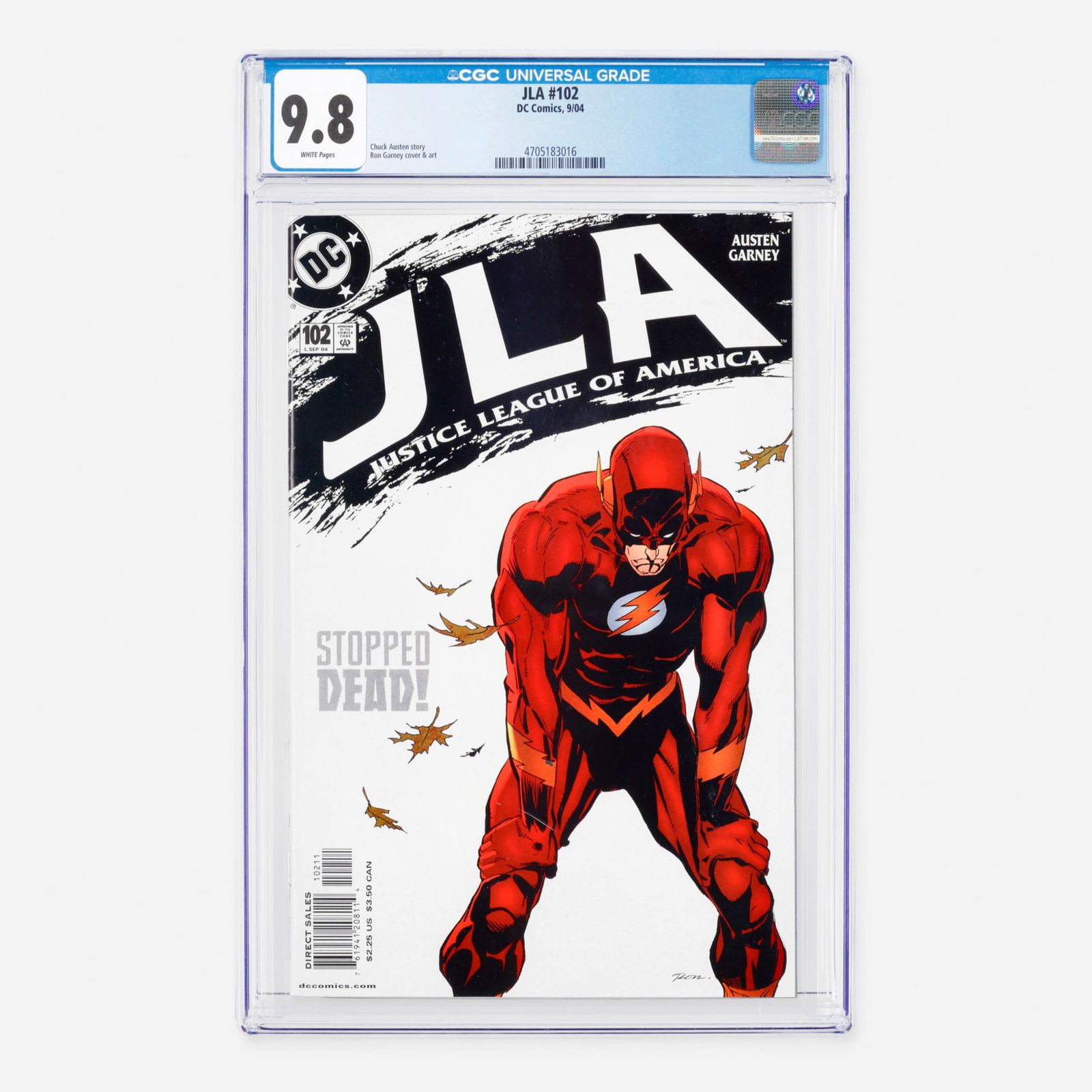 DC Comics JLA #102 CGC 9.8: DC Comics JLA #102 CGC 9.8 USA, 2004 This Modern Age issue showcases a narrative penned by Chuck Austen. The bold visual style of the book is provided by Ron Garney, who handles both the interior penc