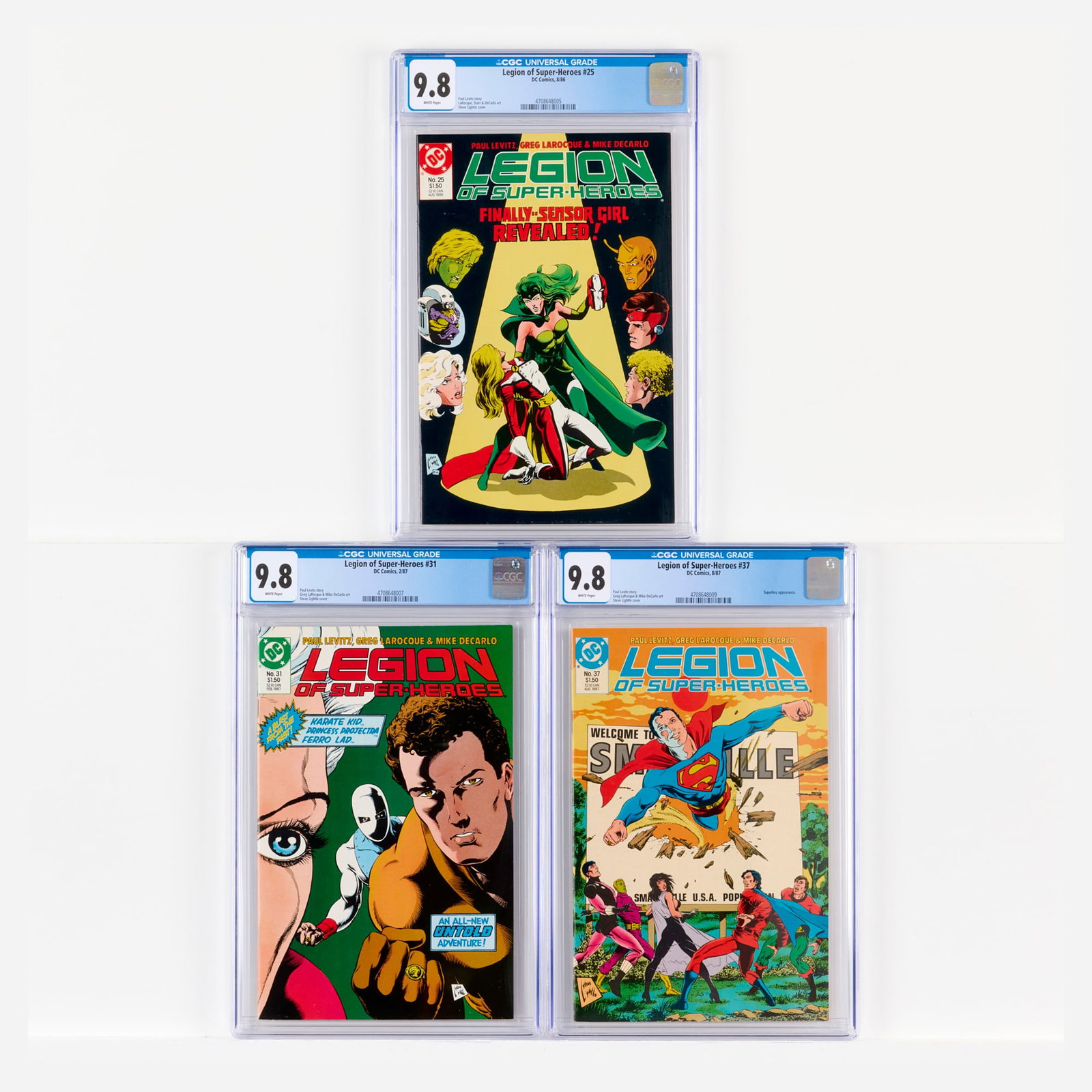 3 DC Comics Legion of Super-Heroes #25, #31 and #37 CGC 9.8 Group: 3 DC Comics Legion of Super-Heroes #25, #31 and #37 CGC 9.8 Group USA, 1986, 1987 DC Comics Legion of Super-Heroes #25 CGC 9.8 (8/86) CGC#: 4708648005 Population: 2