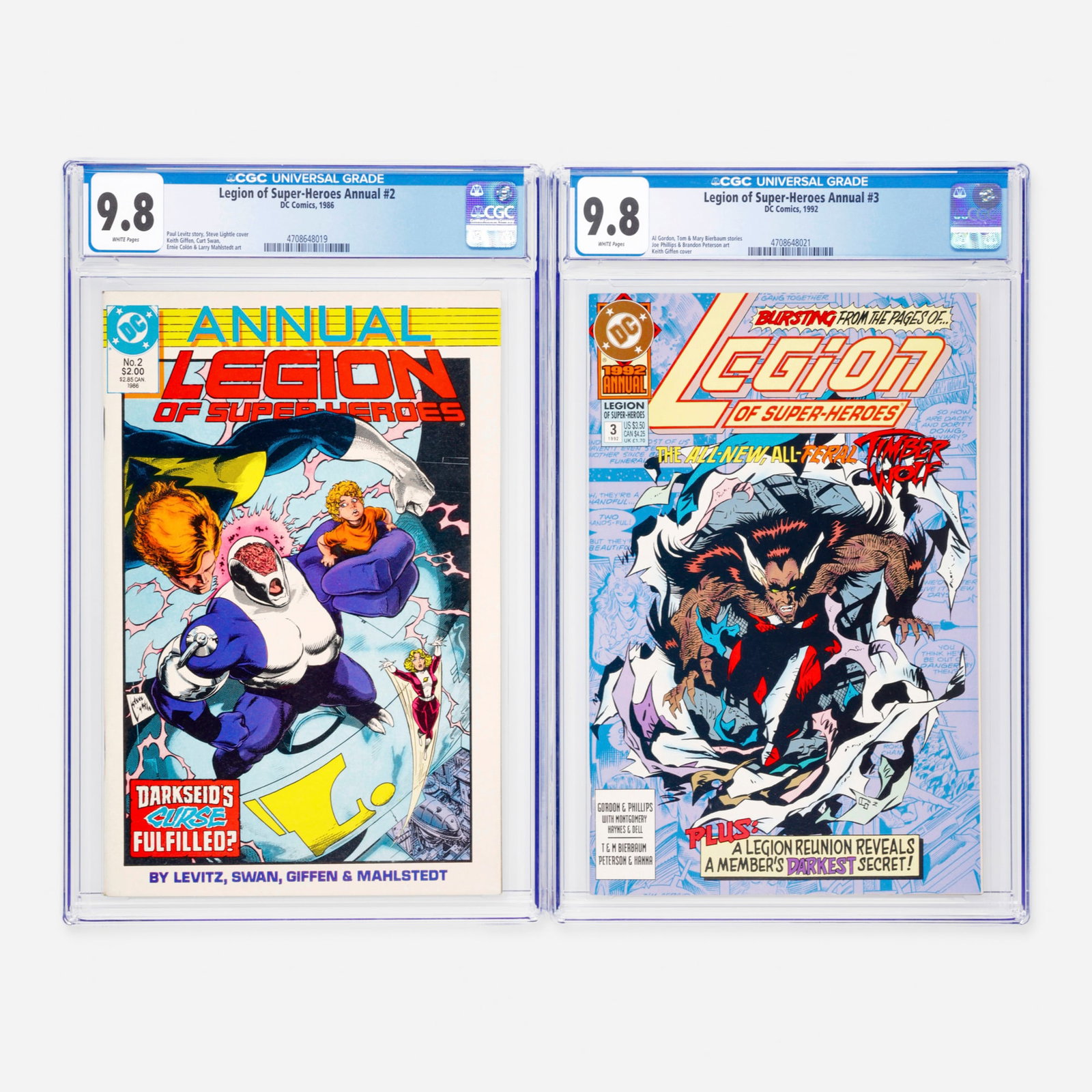 2 DC Comics Legion of Super-Heroes Annual #2 and #3 CGC 9.8 Group: 2 DC Comics Legion of Super-Heroes Annual #2 and #3 CGC 9.8 Group USA, 1986, 1992 DC Comics Legion of Super-Heroes Annual #2 CGC 9.8 (1986) CGC#: 4708648019 Population: