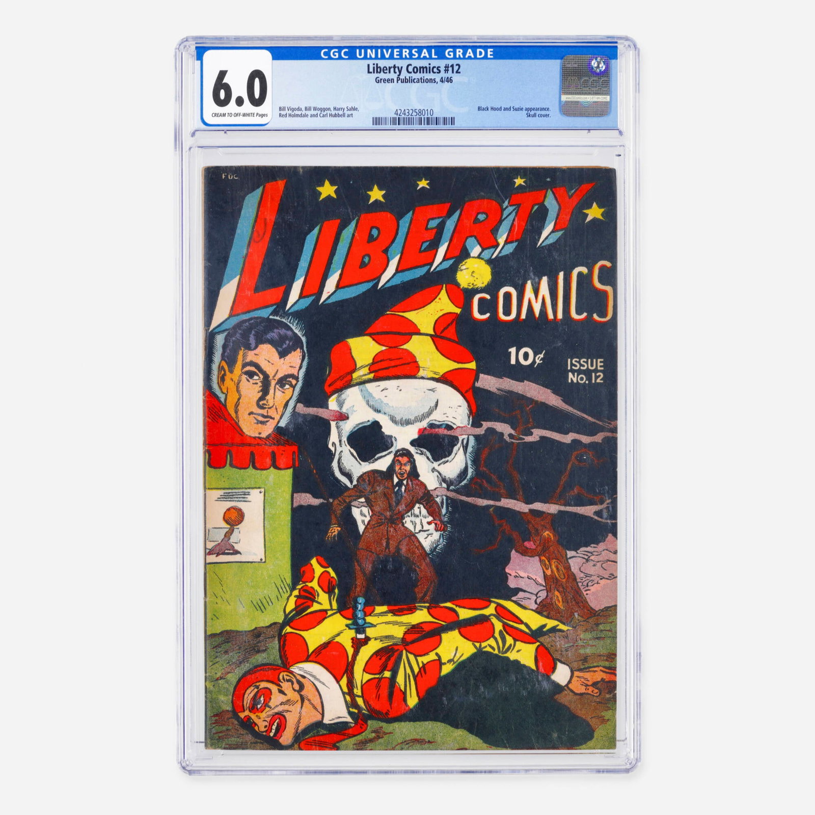 Green Publications Liberty Comics #12 CGC 6.0: Green Publications Liberty Comics #12 CGC 6.0 USA, 1946 This Golden Age issue is highlighted by a striking Skull cover and features appearances by the Black Hood and Suzie, and showcases a variety of 