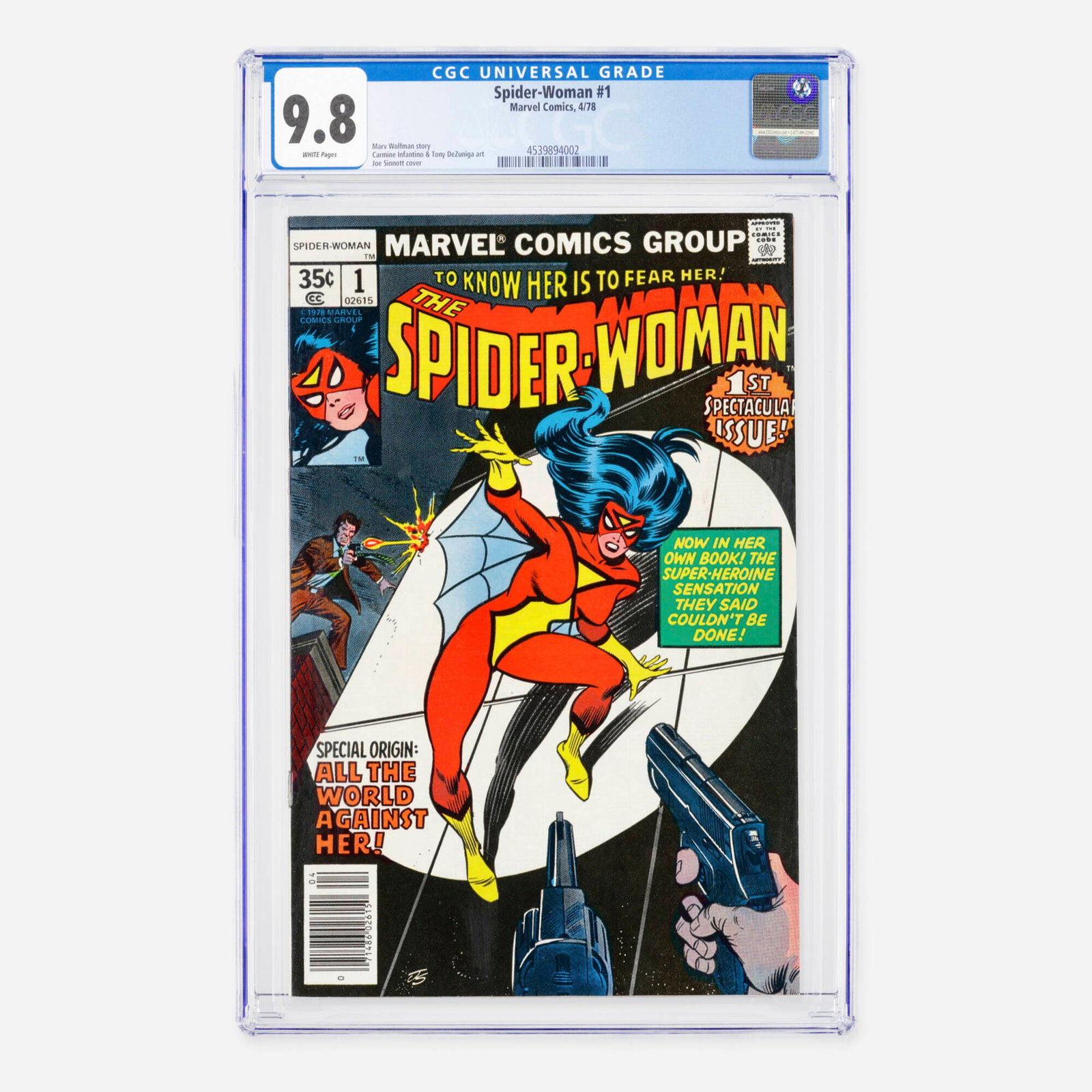 Marvel Comics Spider-Woman #1 CGC 9.8: Marvel Comics Spider-Woman #1 CGC 9.8 USA, 1978 This Bronze Age premiere launches the first ongoing series for Jessica Drew, written by Marv Wolfman. The debut features art by the legendary Carmine In