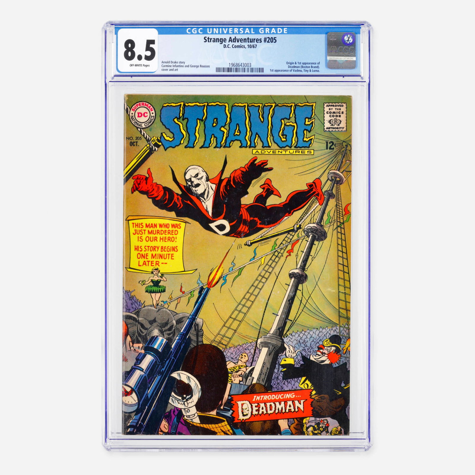 DC Comics Strange Adventures #205 CGC 8.5: DC Comics Strange Adventures #205 CGC 8.5 USA, 1967 A major Silver Age key featuring the origin and first appearance of Deadman (Boston Brand). The book was written by Arnold Drake with iconic visuals