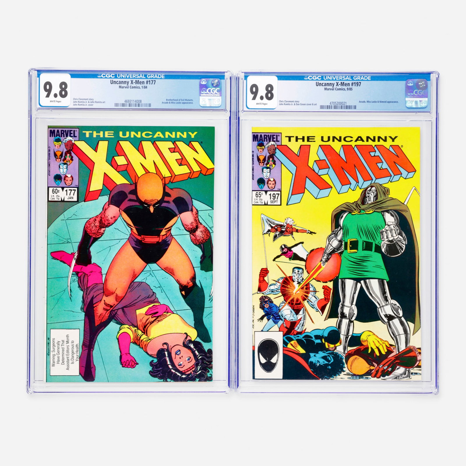 2 Marvel Comics Uncanny X-Men #177 and #197 CGC 9.8 Group: 2 Marvel Comics Uncanny X-Men #177 and #197 CGC 9.8 Group USA, 1984, 1985 Marvel Comics Uncanny X-Men #177 CGC 9.8 (1/84) CGC#: 4693114008 Population: 251 in 9.8, 2