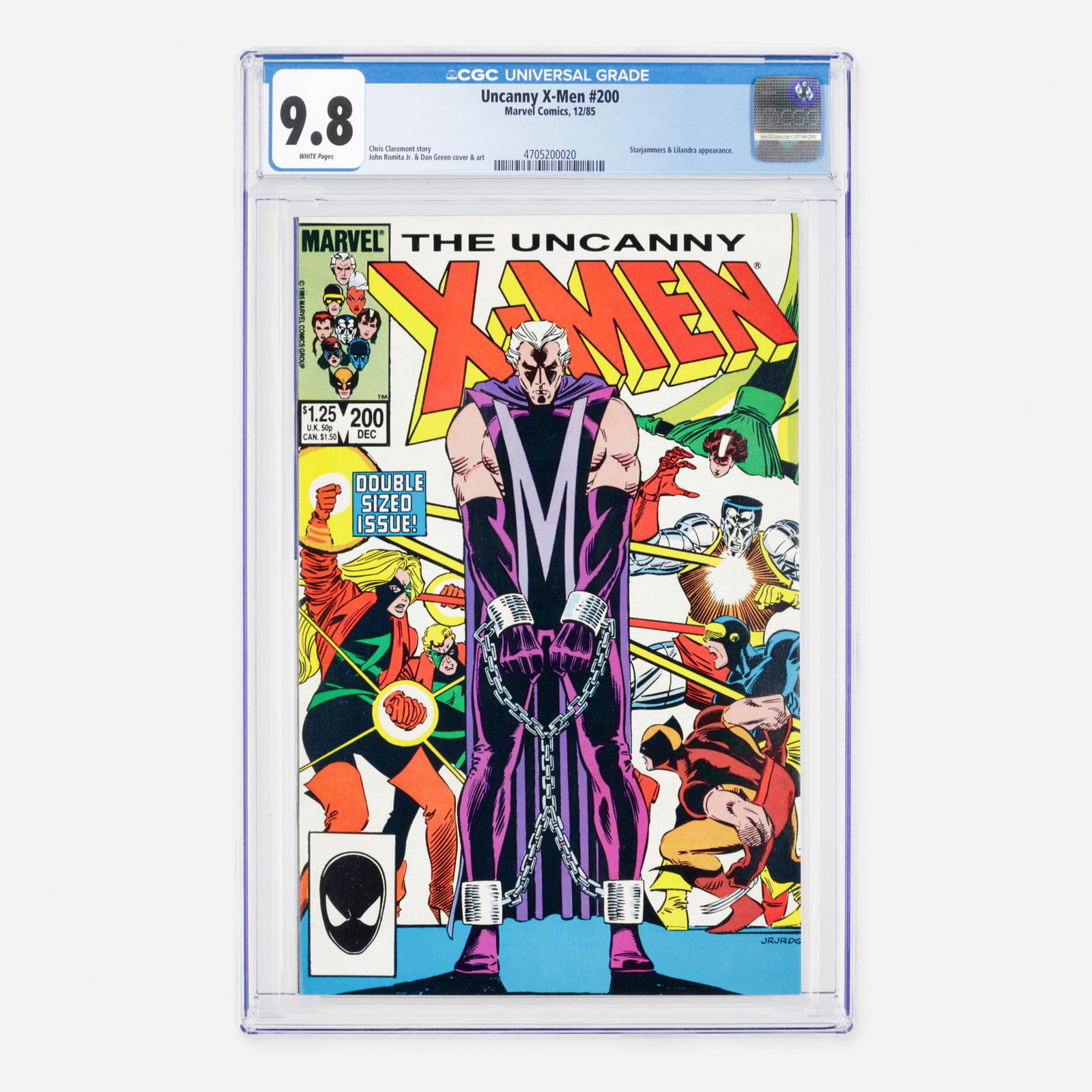 Marvel Comics Uncanny X-Men #200 CGC 9.8: Marvel Comics Uncanny X-Men #200 CGC 9.8 USA, 1985 This landmark, double-sized Modern Age milestone features the dramatic and historic "Trial of Magneto." The interstellar scope of the narrative expan