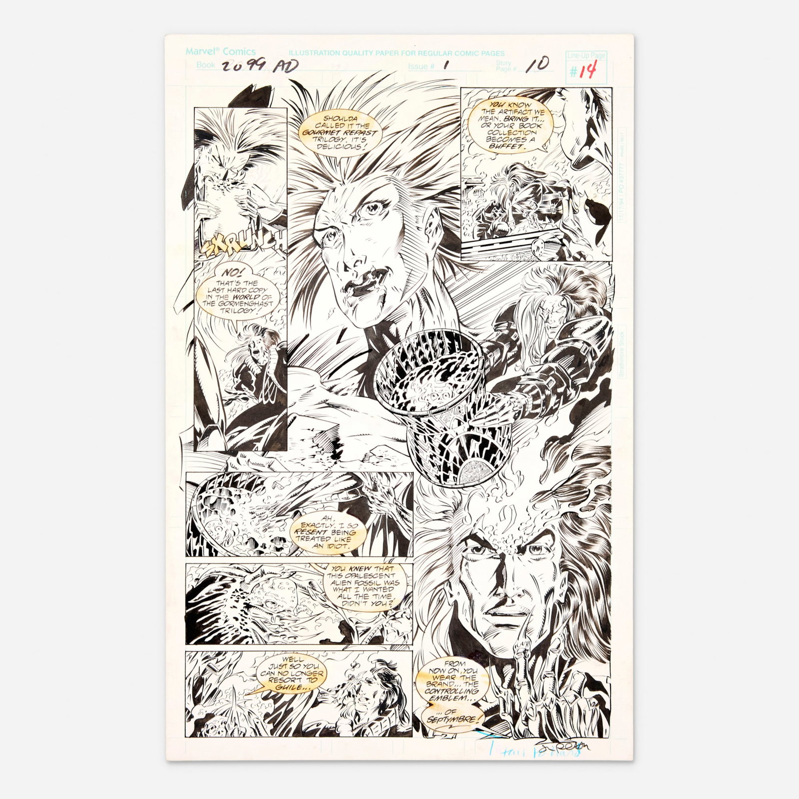 Marc Campos and Jimmy Palmiotti, 2099 A.D. #1 Story Page 10 Original Art (Marvel Comics, 1995): Marc Campos and Jimmy Palmiotti 2099 A.D. #1 Story Page 10 Original Art (Marvel Comics, 1995) pencil and ink on Bristol board, word balloons pasted onto artwork 17 h x 11 w in (43 x 28 cm) This page