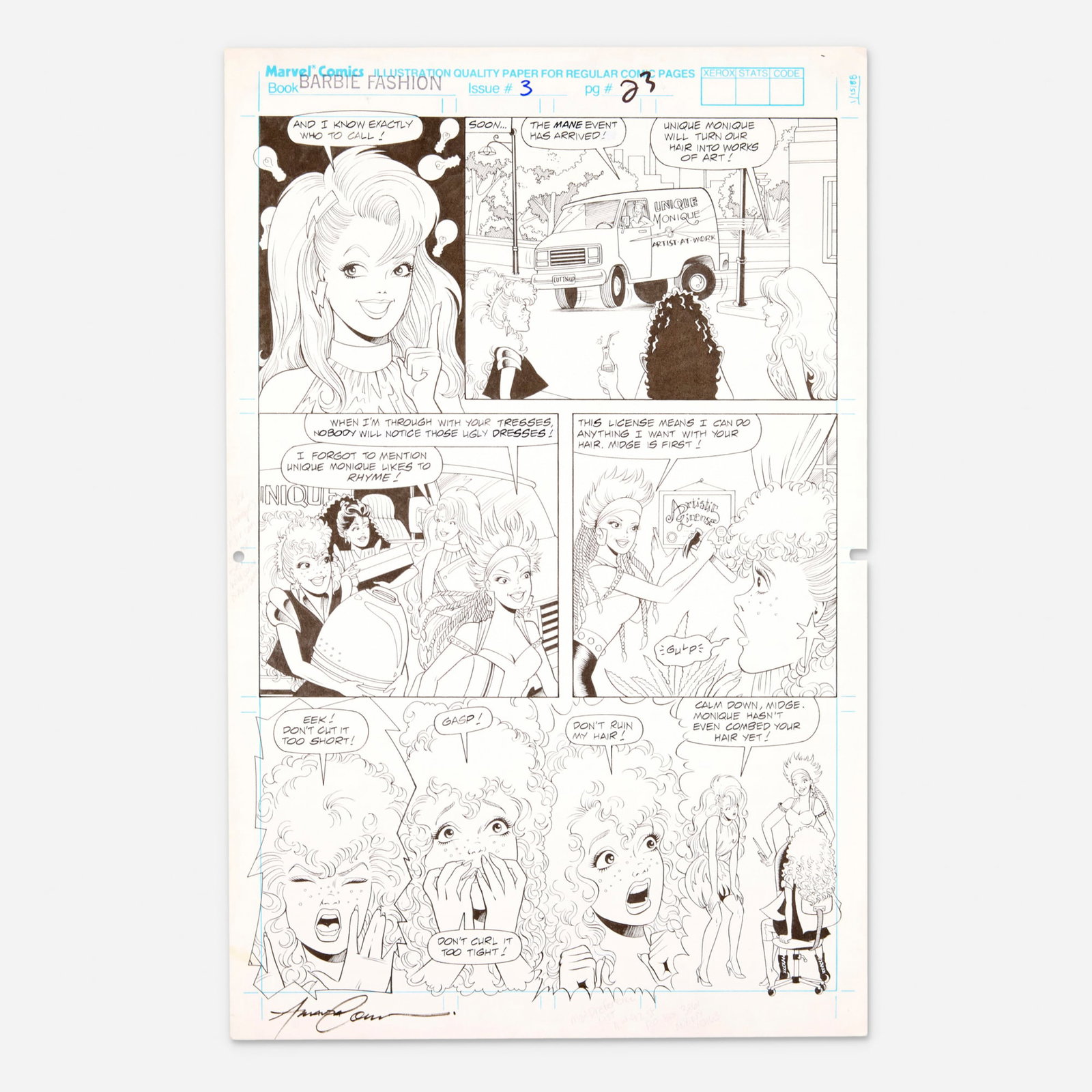 Amanda Conner, Barbie Fashion #3 Story Page 23 Original Art (Marvel Comics, 1991): Amanda Conner Barbie Fashion #3 Story Page 23 Original Art (Marvel Comics, 1991) pencil and ink on Bristol board, word balloons inked directly on board 17.25 h x 11 w in (44 x 28 cm) This original a