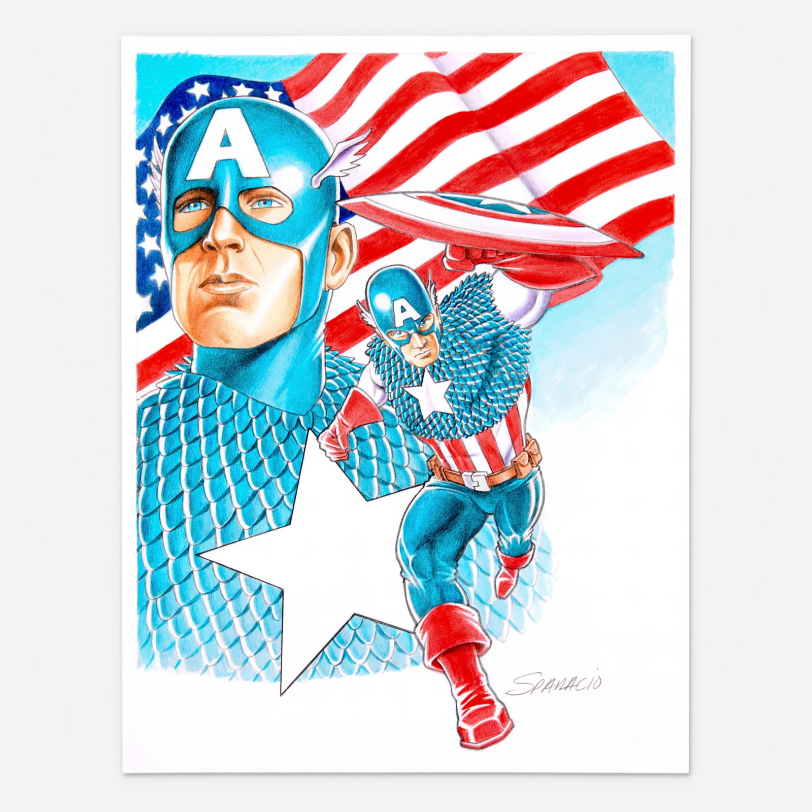 Mark Sparacio, Captain America Watercolor Painting: Mark Sparacio Captain America Watercolor Painting blueline pencils and watercolor on cardstock 11 h x 8.5 w in (28 x 22 cm) This art is a striking mixed-media piece that showcases the artist's appro