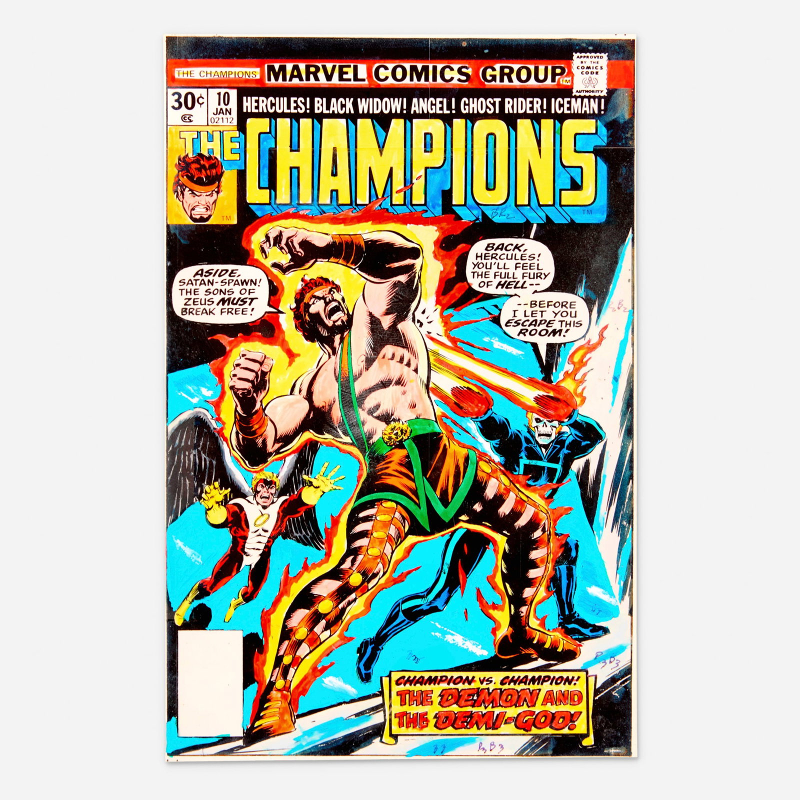 Andy Yanchus, Champions #10 Cover Color Guide Art (Marvel Comics, 1977): Andy Yanchus Champions #10 Cover Color Guide Art (Marvel Comics, 1977) mixed media 10 h x 6.5 w in (25 x 17 cm) This piece of comic-book production art was used during the pre-digital coloring proce