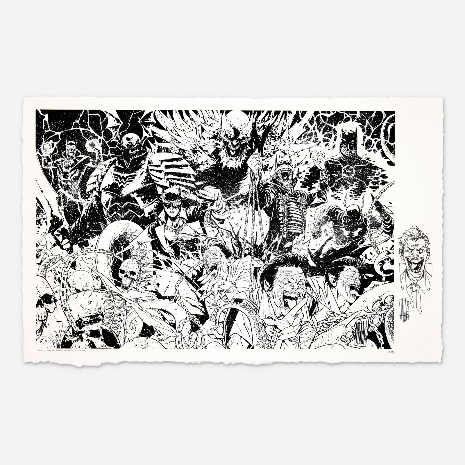 Alessandro Vitti, DC Metal Universe Limited Edition Giclee #3/25 With Joker Remark (2024): Alessandro Vitti DC Metal Universe Limited Edition Giclee #3/25 With Joker Remark (2024) giclee print, pencil and ink 14 h x 21.75 w in (36 x 55 cm) This is a striking fusion of fine-art printmaking