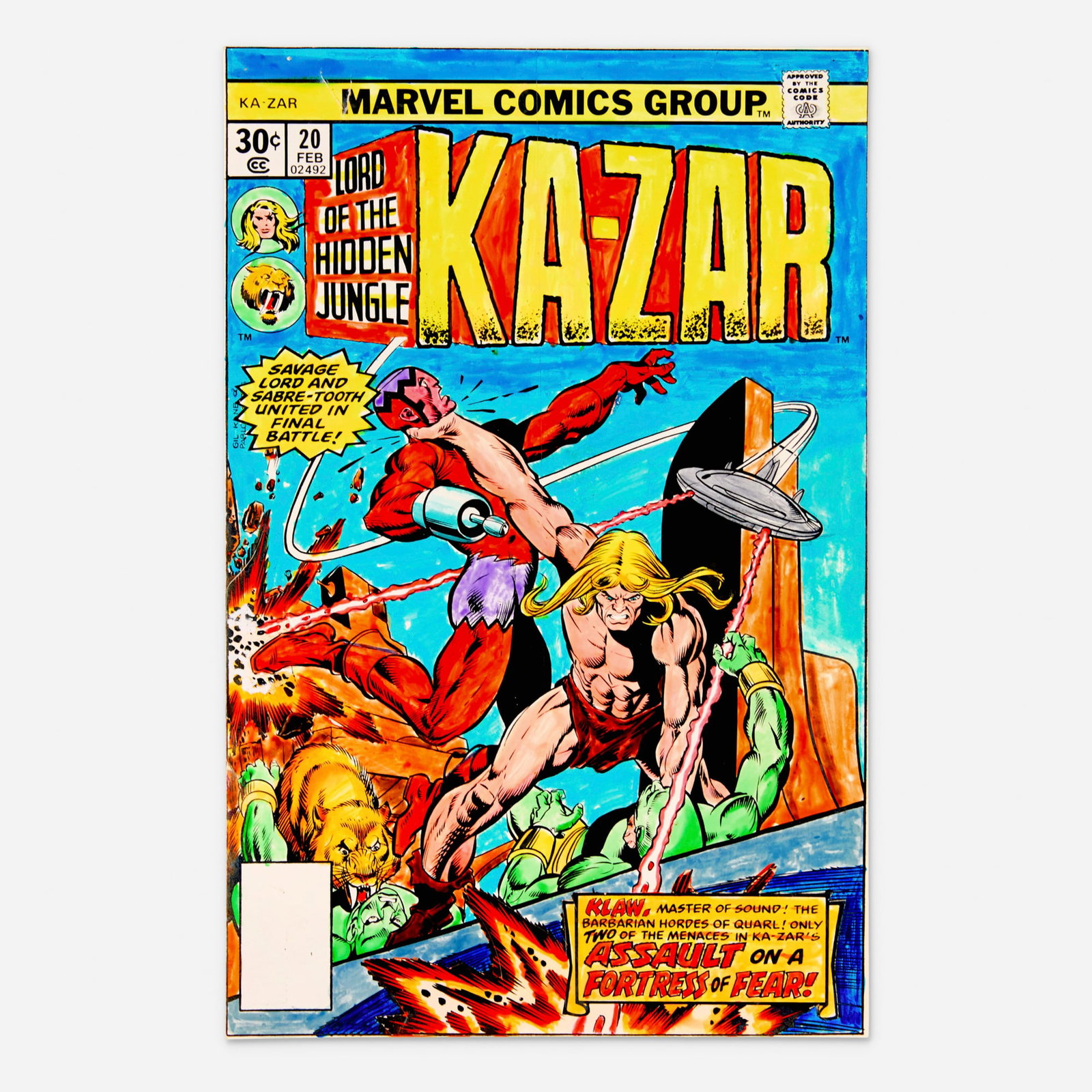 Andy Yanchus, Ka-Zar #20 Cover Color Guide Art (Marvel Comics, 1977): Andy Yanchus Ka-Zar #20 Cover Color Guide Art (Marvel Comics, 1977) mixed media 10 h x 6.5 w in (25 x 17 cm) Original cover color guide to Marvel Comics Ka-Zar volume 2 issue 20 from February, 1977.