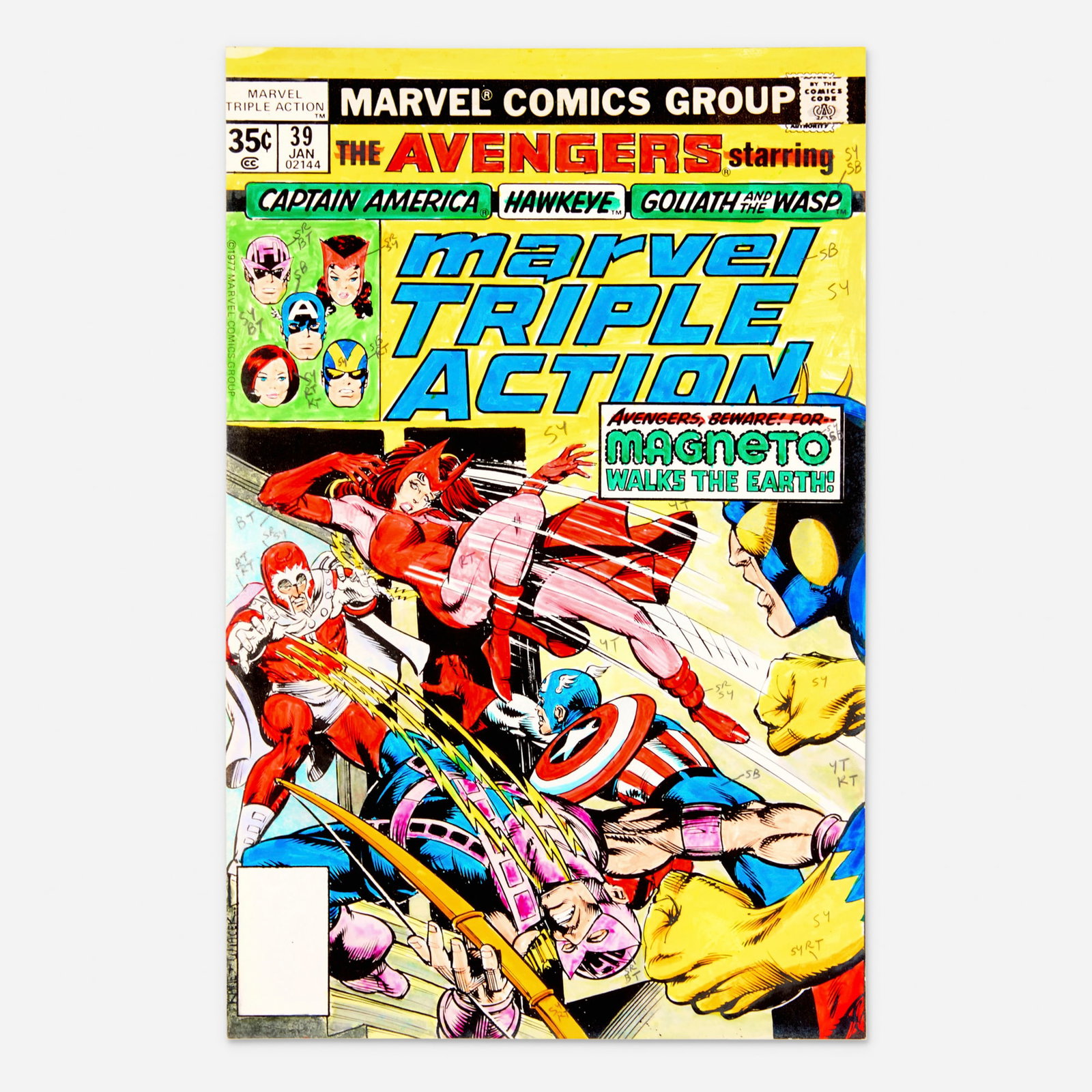 Andy Yanchus, Marvel Triple Action #39 Cover Color Guide Art (Marvel Comics, 1978): Andy Yanchus Marvel Triple Action #39 Cover Color Guide Art (Marvel Comics, 1978) mixed media 10 h x 6.5 w in (25 x 17 cm) This is a fascinating piece of comic-book production history that offers a