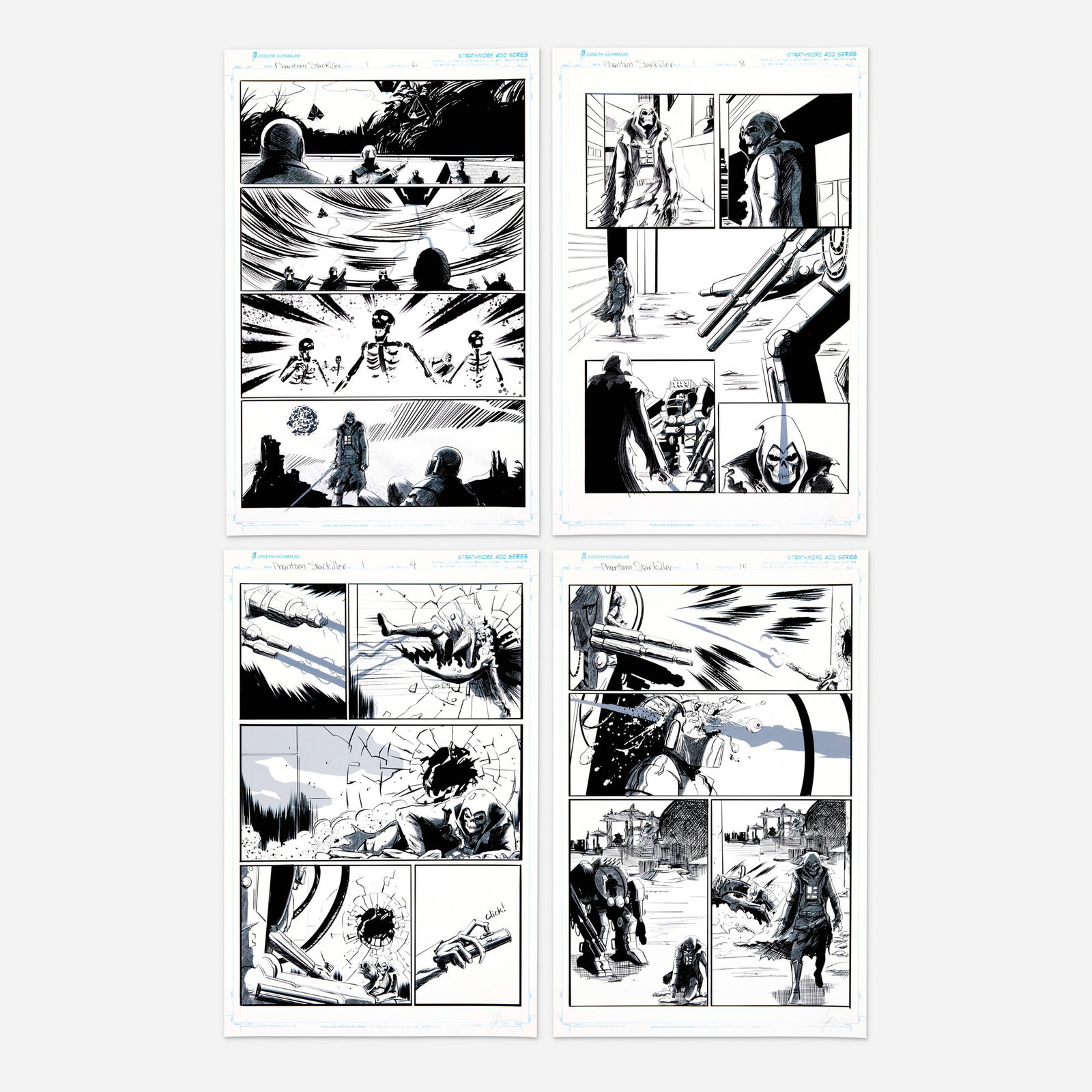 Joseph Schmalke, Phantom Starkiller #1 Story Pages 6, 8, 9, and 10 Artist Proofs: Joseph Schmalke Phantom Starkiller #1 Story Pages 6, 8, 9, and 10 Artist Proofs (Scout Comics, 2020) Artist Proof on Cardstock 17 h x 11 w in (43 x 28 cm) Phantom Starkiller is a perfect sh