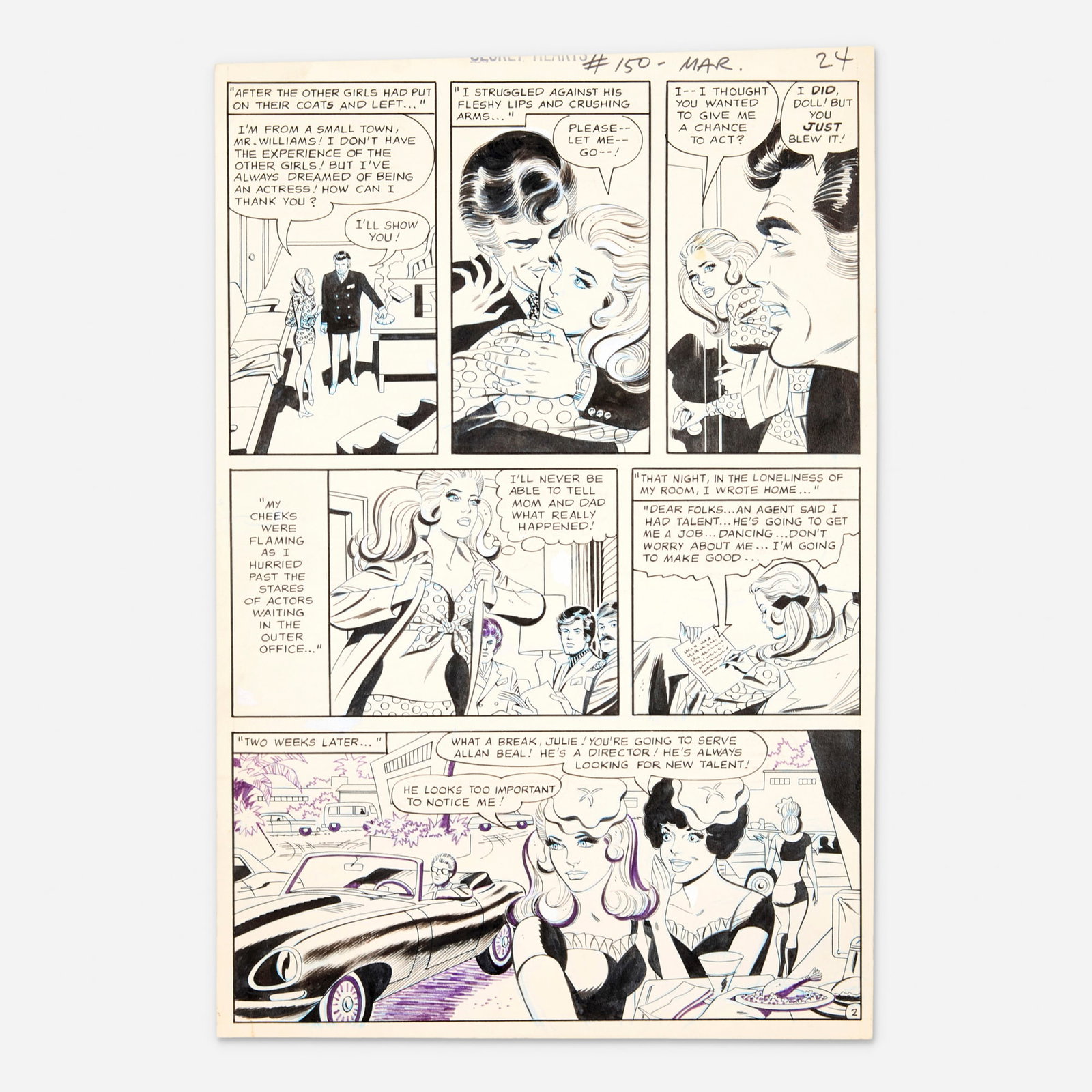 Gray Morrow, Secret Hearts #150 Story Page 24 Original Art (DC Comics, 1971): Gray Morrow Secret Hearts #150 Story Page 24 Original Art (DC Comics, 1971) pencil and ink on Bristol board 15.75 h x 10.5 w in (40 x 27 cm) This page represents a fascinating example of Morrow'