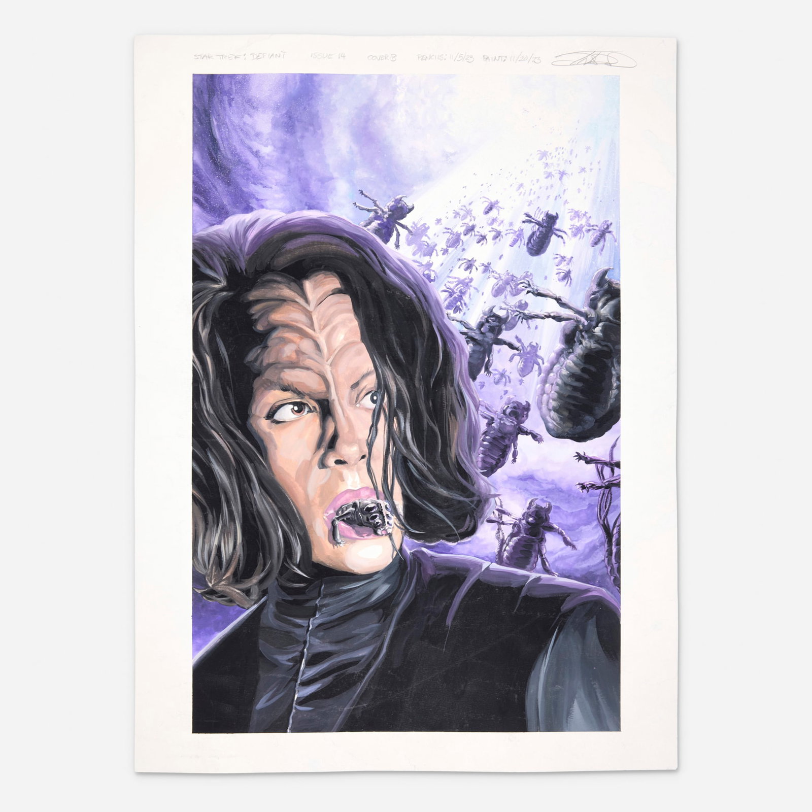 J.K. Woodward, Star Trek: Defiant #14 Variant Cover Original Art (IDW, 2023): J.K. Woodward Star Trek: Defiant #14 Variant Cover Original Art (IDW, 2023) pencil, ink, and watercolor on Bristol board 24 h x 18 w in (61 x 46 cm) This original art is a striking example of the pa