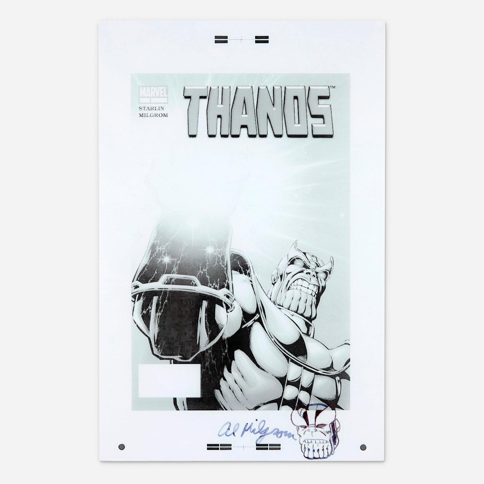 Jim Starlin and Al Milgrom, Thanos #1 Cover Transparency with Original Sketch (Marvel Comics, 2003): Jim Starlin and Al Milgrom Thanos #1 Cover Transparency with Original Sketch (Marvel Comics, 2003) acetate 17 h x 10.875 w in (43 x 28 cm) This unique mixed-media collectible combines production art