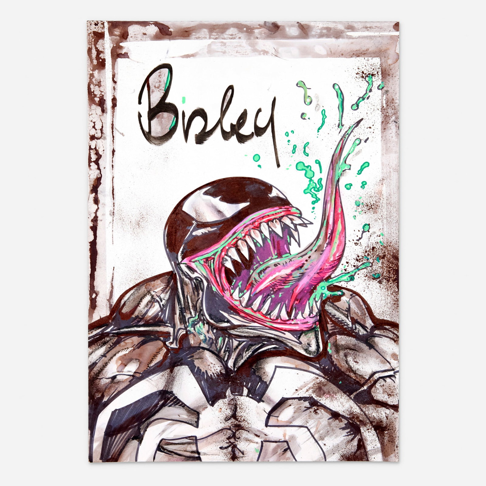 Simon Bisley, Venom Original Illustration: Simon Bisley Venom Original Illustration pencil, ink, and wash on Bristol board 16.5 h x 11.75 w in (42 x 30 cm) This Bisley original is an explosive fusion of superhero iconography and the raw, pai