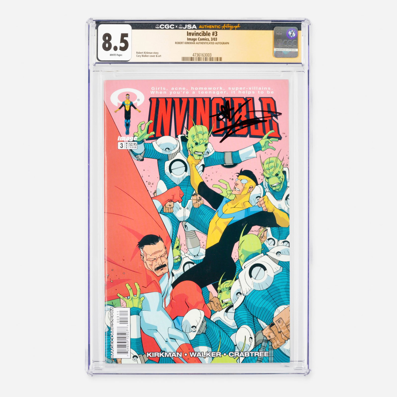 Image Comics Invincible #3 CGC 8.5 JSA Robert Kirkman: Image Comics Invincible #3 CGC 8.5 JSA Robert Kirkman USA, 2003 A Modern Age foundational chapter building the core superhero mythology written by series creator Robert Kirkman. This authenticated CGC