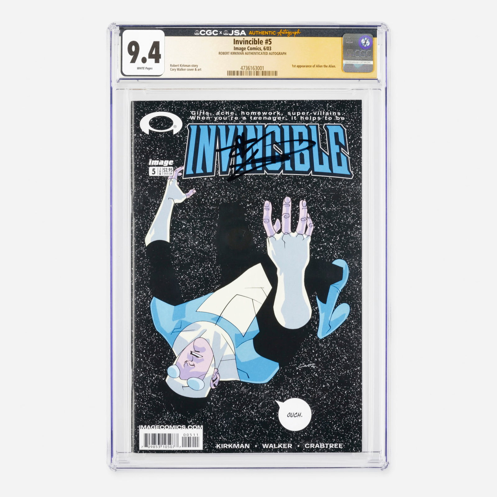 Image Comics Invincible #5 CGC 9.4 JSA Robert Kirkman: Image Comics Invincible #5 CGC 9.4 JSA Robert Kirkman USA, 2003 A historic, early Modern era key issue featuring the first appearance of Allen the Alien, written by series creator Robert Kirkman. This