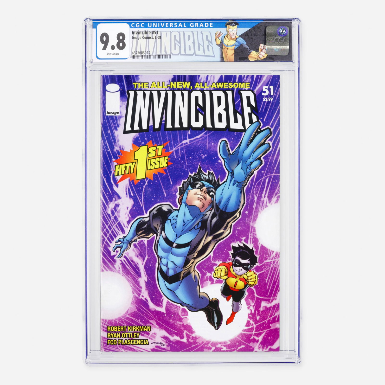 Image Comics Invincible #51 CGC 9.8: Image Comics Invincible #51 CGC 9.8 USA, 2008 A stunning 2008 Modern era installment featuring an incredible exterior cover design by legendary industry artist Jim Lee. Scripted by series creator Robe