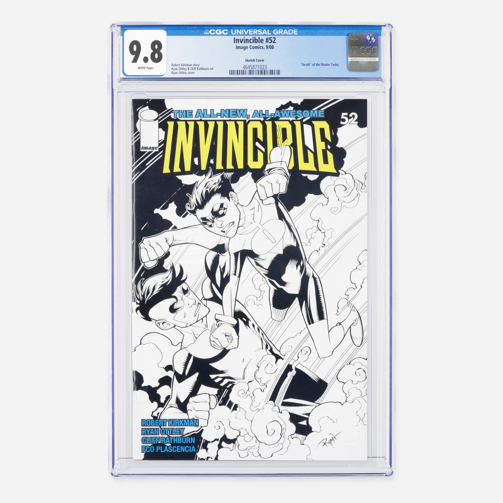 Image Comics Invincible #52 CGC 9.8 Sketch Cover: Image Comics Invincible #52 CGC 9.8 Sketch Cover USA, 2008 A high-stakes Modern era variant featuring the shocking "death" of the Mauler Twins, masterfully written by Robert Kirkman. This sought-after