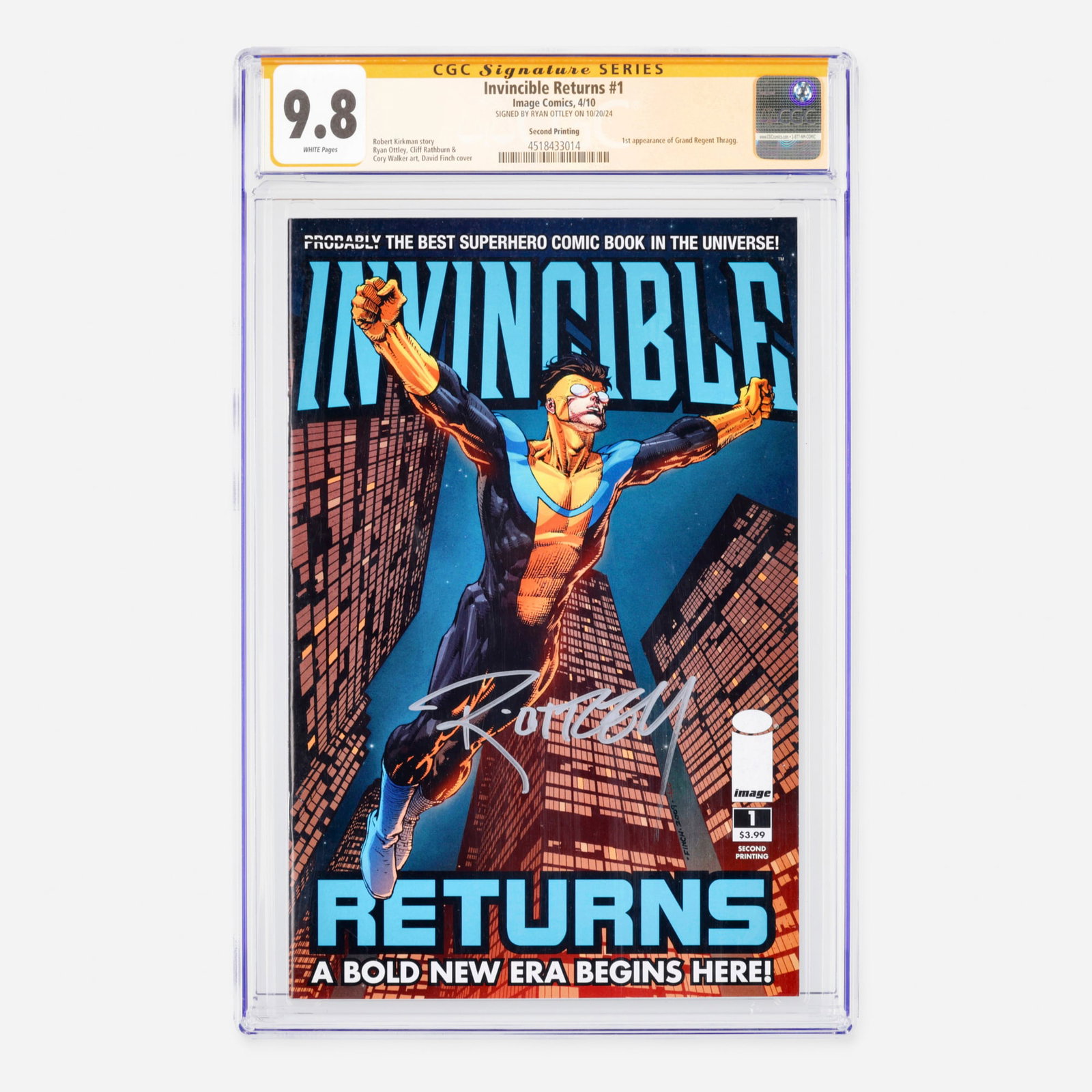 Image Comics Invincible Returns #1 CGC 9.8 Second Printing Signature Series Ryan Ottley: Image Comics Invincible Returns #1 CGC 9.8 Second Printing Signature Series Ryan Ottley USA, 2010 This Modern era second printing collector's item features the seminal first appearance of Grand R