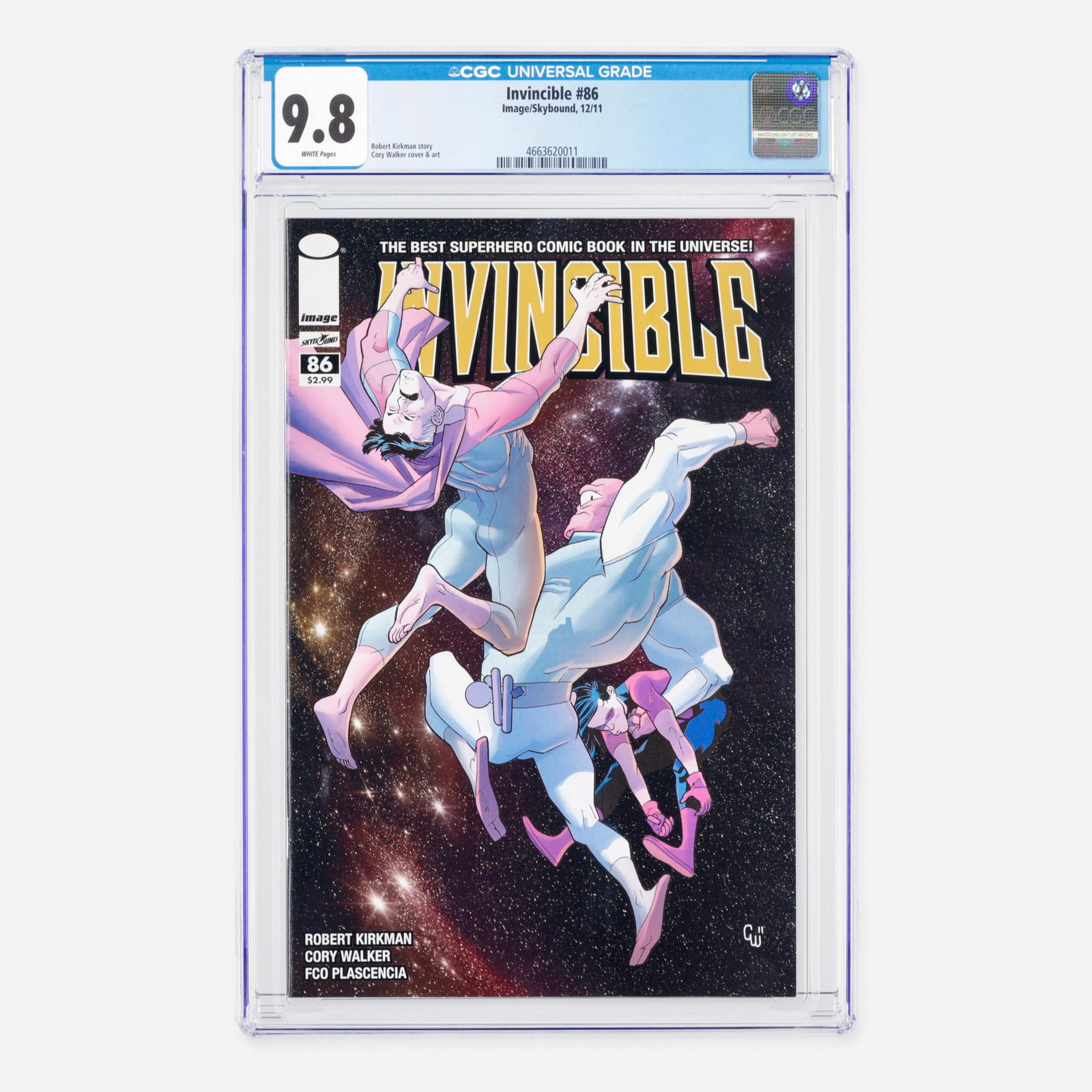 Image/Skybound Invincible #86 CGC 9.8: Image/Skybound Invincible #86 CGC 9.8 USA, 2011 This Modern era issue presents a highly significant chapter written by Robert Kirkman, with clean art and a cover by Cory Walker. Top Population! CGC#: