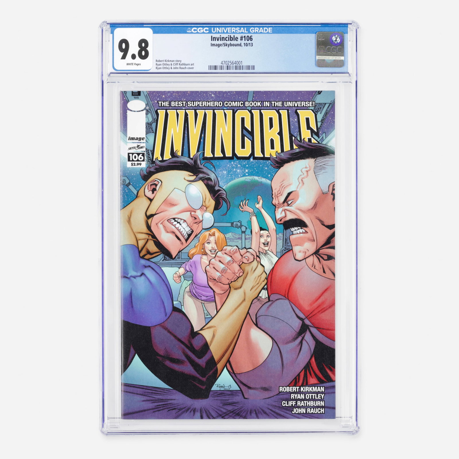 Image/Skybound Invincible #106 CGC 9.8: Image/Skybound Invincible #106 CGC 9.8 USA, 2013 This action-oriented Modern era chapter highlights a high-stakes storyline crafted by writer Robert Kirkman. The internal sequential layouts are pencil