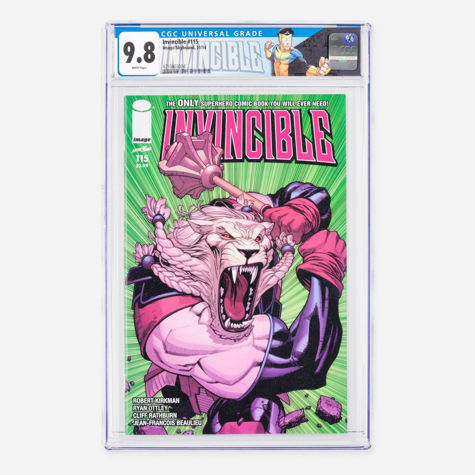 Image/Skybound Invincible #115 CGC 9.8: Image/Skybound Invincible #115 CGC 9.8 USA, 2014 A gripping Modern era chapter featuring an impactful and emotionally charged storyline written by Robert Kirkman. The book contains dynamic interior ar