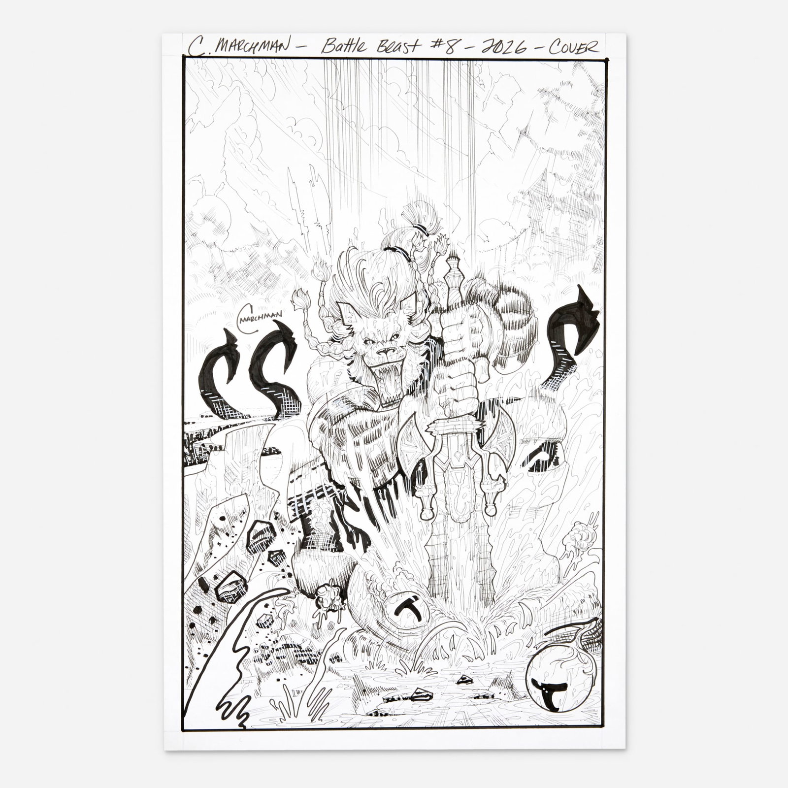 Chris Marchman, Invincible Universe: Battle Beast #8 Cover Original Art (Image Comics, 2026): Chris Marchman Invincible Universe: Battle Beast #8 Cover Original Art (Image Comics, 2026) ink on Bristol board 17 h x 11 w in (43 x 28 cm) Battle Beast in his natural habitat! The original variant
