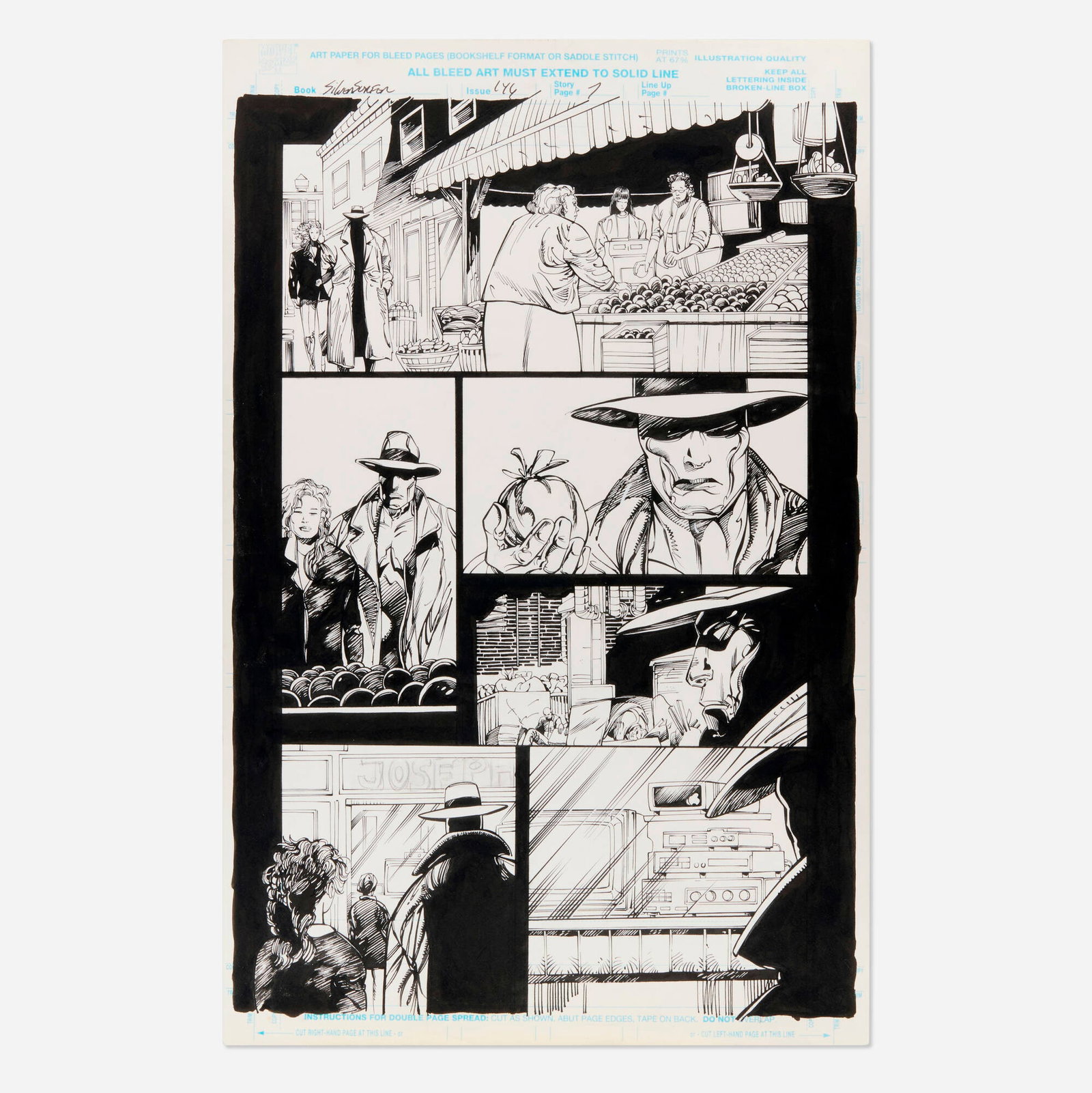 Denys Cowan and John Floyd, Silver Surfer Vol. 3 #146 Story Page 7 Original Art: Denys Cowan and John Floyd Silver Surfer Vol. 3 #146 Story Page 7 Original Art (Marvel Comics, 1998) ink on Bristol board 17.25 h x 11 w in (44 x 28 cm) The former Herald of Galactus known as Firelo