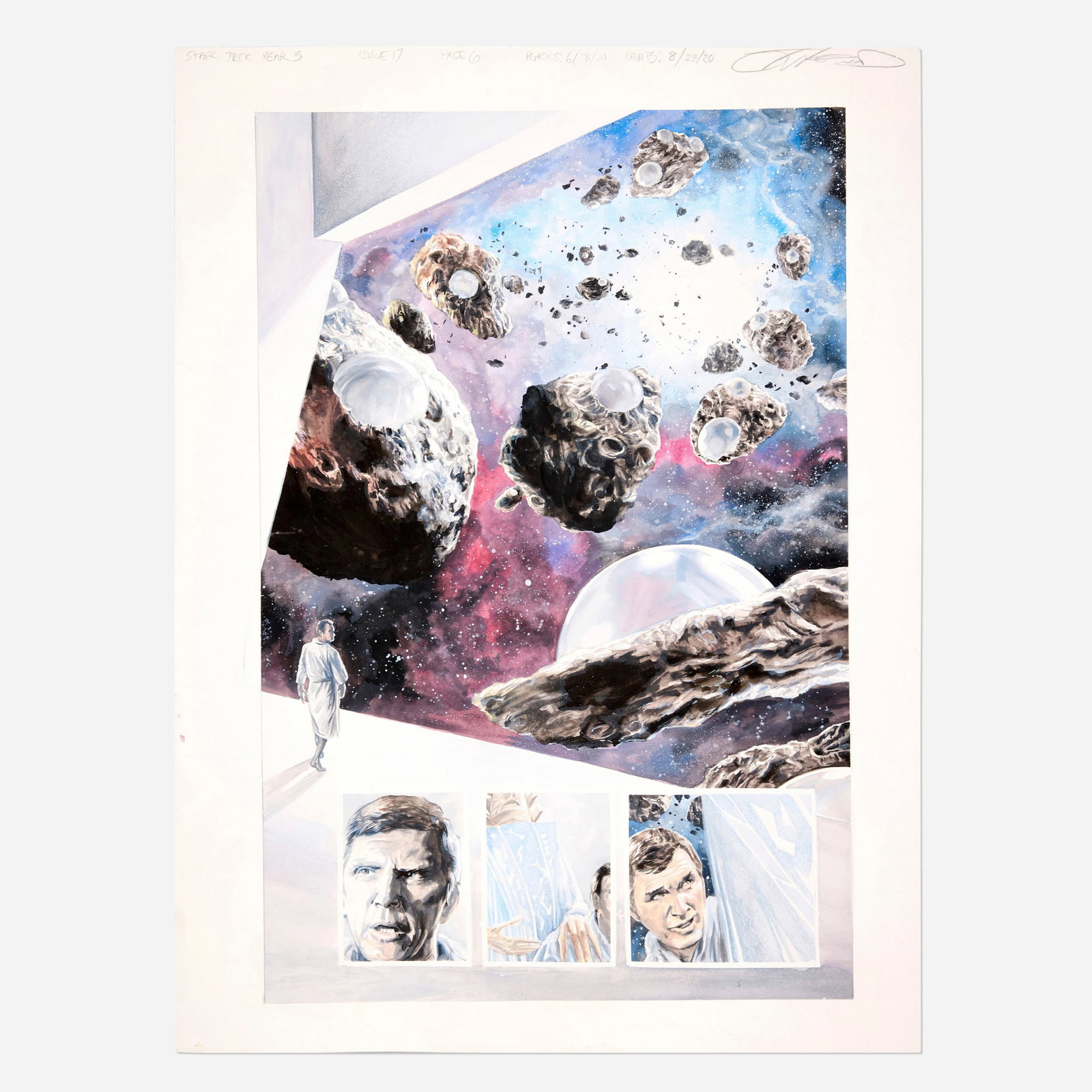 J.K. Woodward, Star Trek: Year 5 Issue 17 Story Page 6 Original Art (IDW, 2020): J.K. Woodward Star Trek: Year 5 Issue 17 Story Page 6 Original Art (IDW, 2020) pencil, ink, and watercolor on Bristol board 24 h x 18 w in (61 x 46 cm) Condition Notes: Art is in ov