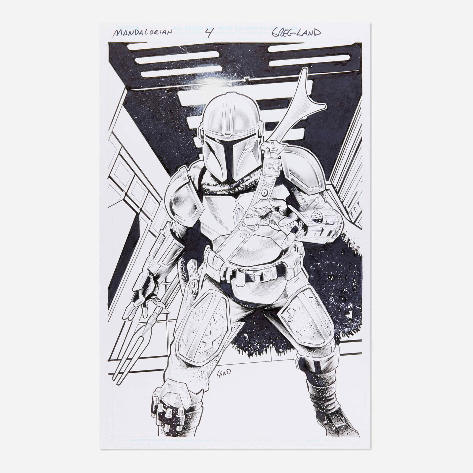 Greg Land, Star Wars: The Mandalorian #4 Cover F Original Art (Marvel Comics, 2022): Greg Land Star Wars: The Mandalorian #4 Cover F Original Art (Marvel Comics, 2022) pencil and ink on Bristol board 17 h x 11 w in (43 x 28 cm) Cover art for Star Wars: The Mandalorian #4 (2