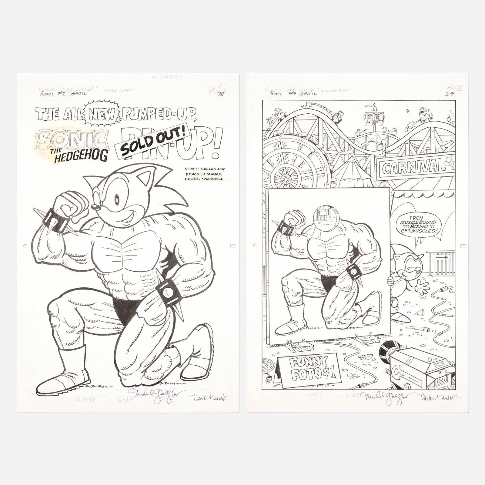 Dave Manak and Henry Scarpelli, Sonic the Hedgehog #9 Story Pages 28 and 29 Original Art: Dave Manak and Henry Scarpelli Sonic the Hedgehog #9 Story Pages 28 and 29 Original Art (Archie Comics, 1994) pencil and ink on Bristol board, word balloons inked directly on board 17 h x 11 w in (43 