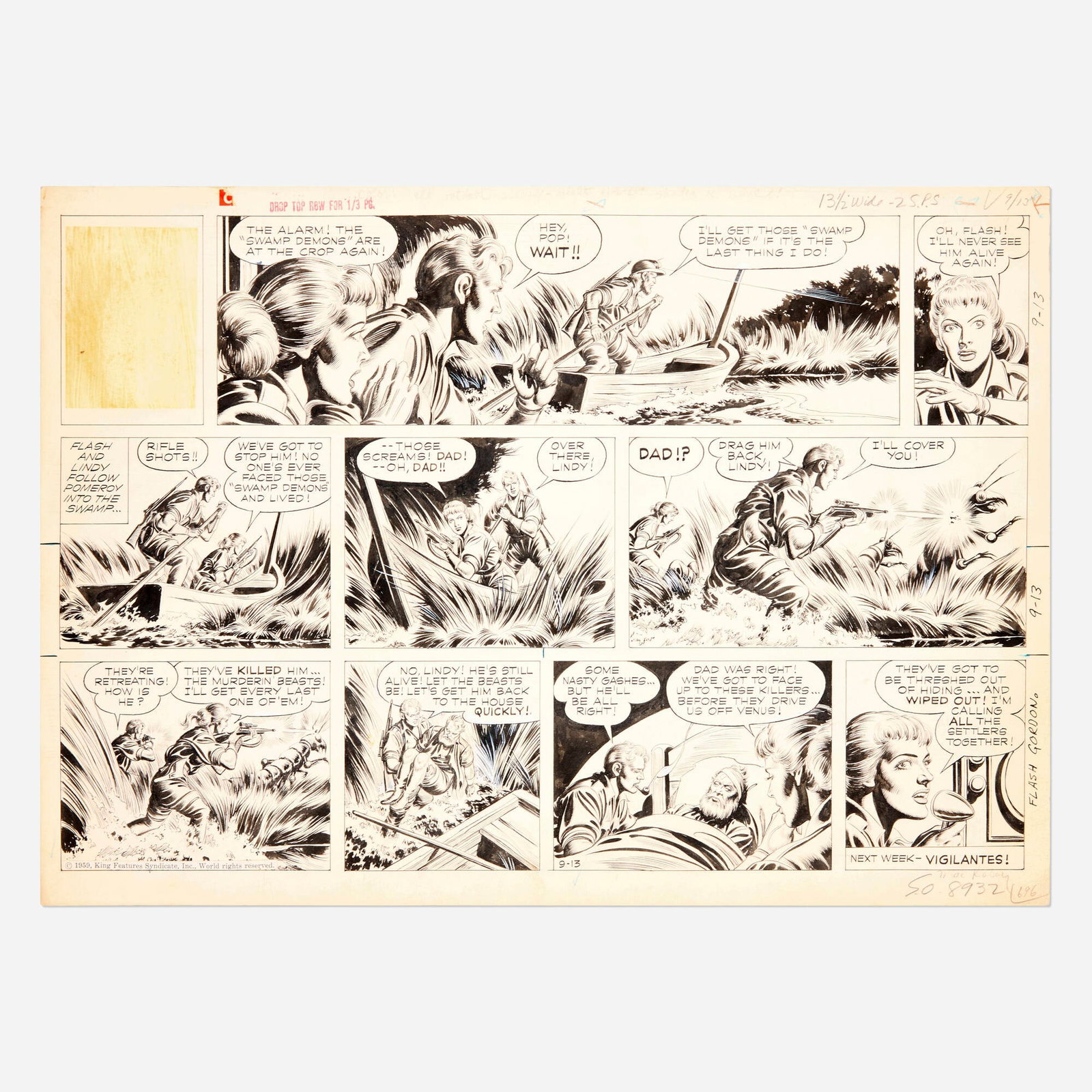 Mac Raboy, Flash Gordon Sunday Strip 9/13 Original Art (King Features, 1959): Mac Raboy Flash Gordon Sunday Strip 9/13 Original Art (King Features, 1959) pencil and ink on Bristol board 14.375 h x 20 w in (37 x 51 cm) Offered here is the original Sunday strip art for Flas