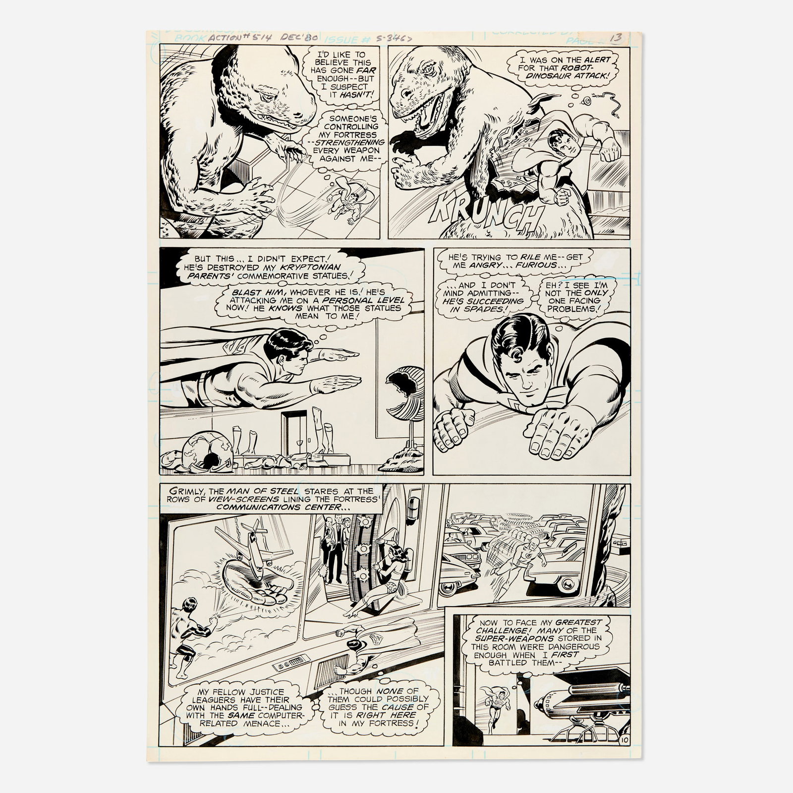 Curt Swan and Frank Chiaramonte, Superman #514 Story Page 13 Original Art (DC Comics, 1980): Curt Swan and Frank Chiaramonte Superman #514 Story Page 13 Original Art (DC Comics, 1980) pencil and ink on Bristol board 15.75 h x 10.5 w in (40 x 27 cm) Page features Superman in all panels with