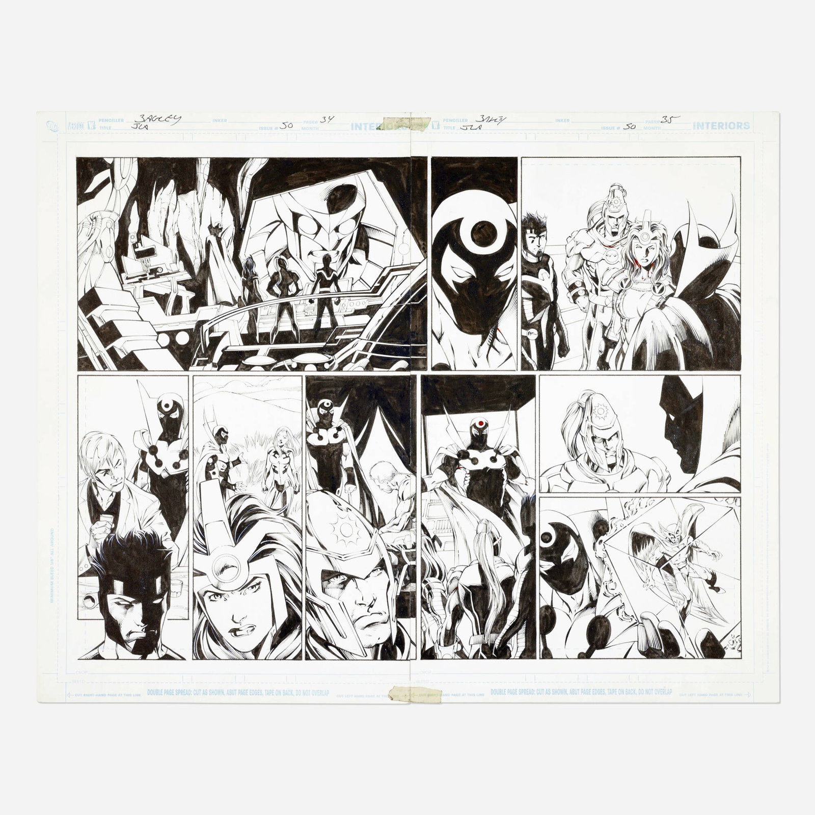 Mark Bagley and Rob Hunter, Justice League of America #50 Story Pages 34 and 35 Original Art: Mark Bagley and Rob Hunter Justice League of America #50 Story Pages 34 and 35 Original Art (DC Comics, 2010) pencil and ink on Bristol board 17 h x 21 w in (43 x 53 cm) This impressive two-page ori